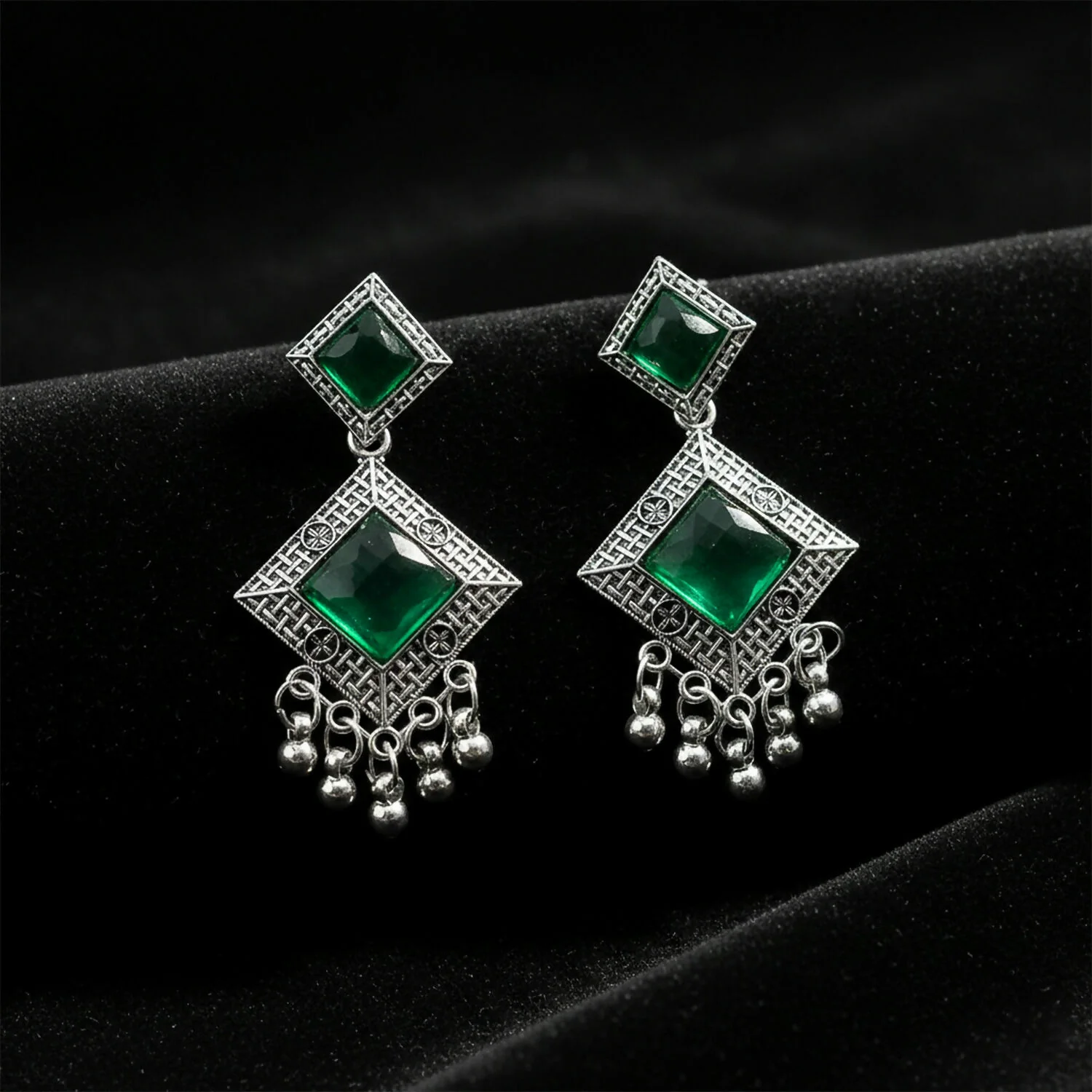 Traditional Indian Oxidised Dangler Earrings with Square Green Monalisa Stones - Image 3