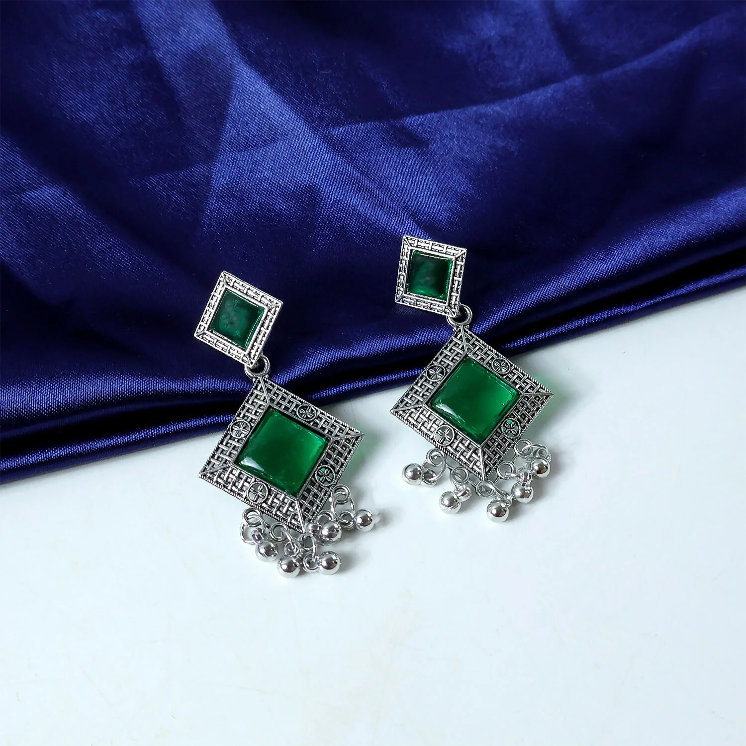 Traditional Indian Oxidised Dangler Earrings with Square Green Monalisa Stones - Image 4