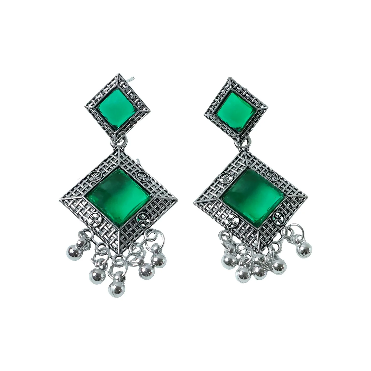 Traditional Indian Oxidised Dangler Earrings with Square Green Monalisa Stones - Image 5