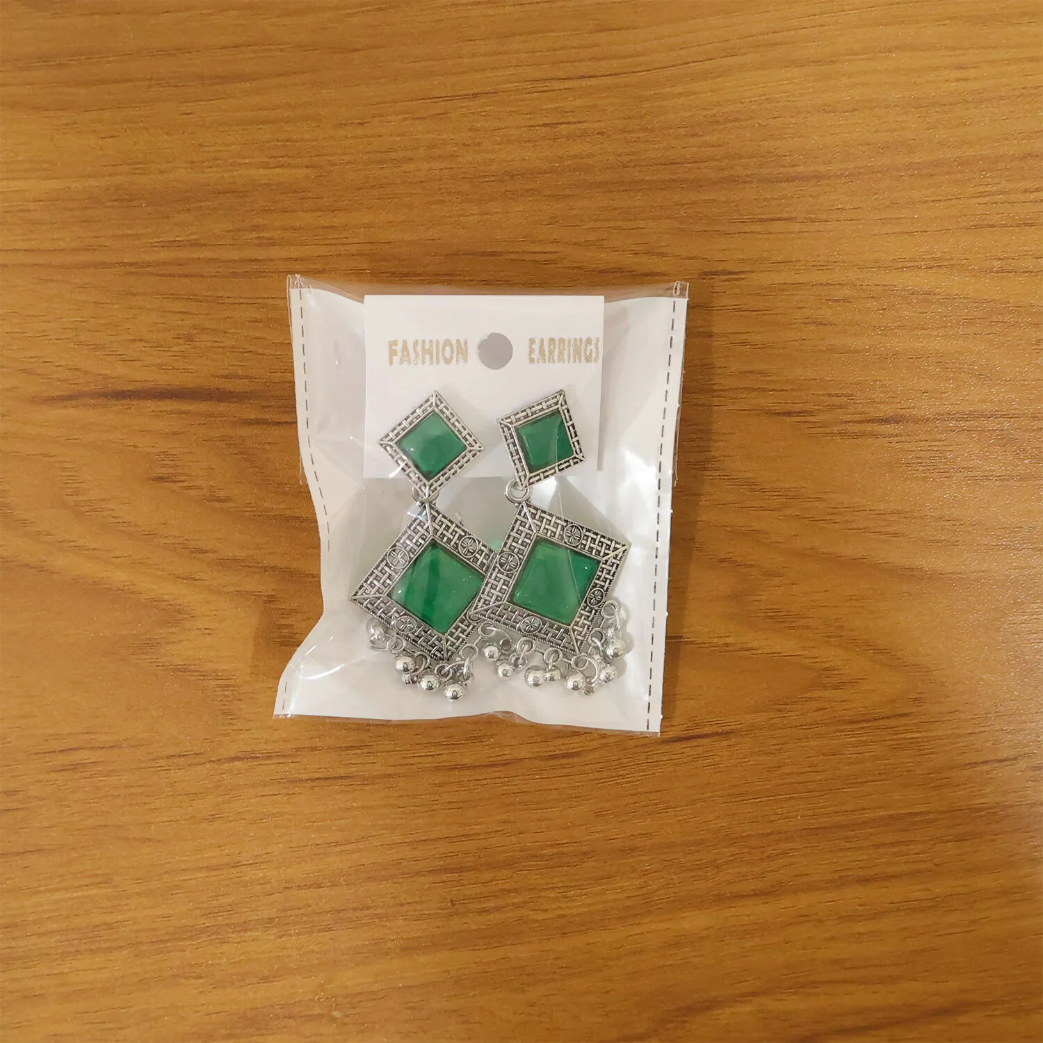 Traditional Indian Oxidised Dangler Earrings with Square Green Monalisa Stones - Image 6