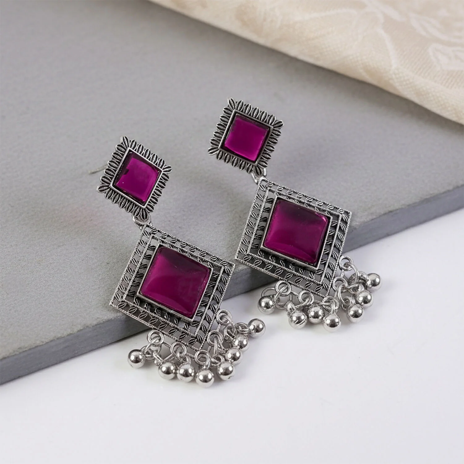 Traditional Indian Oxidised Dangler Earrings with Square Red Monalisa Stones - Image 2