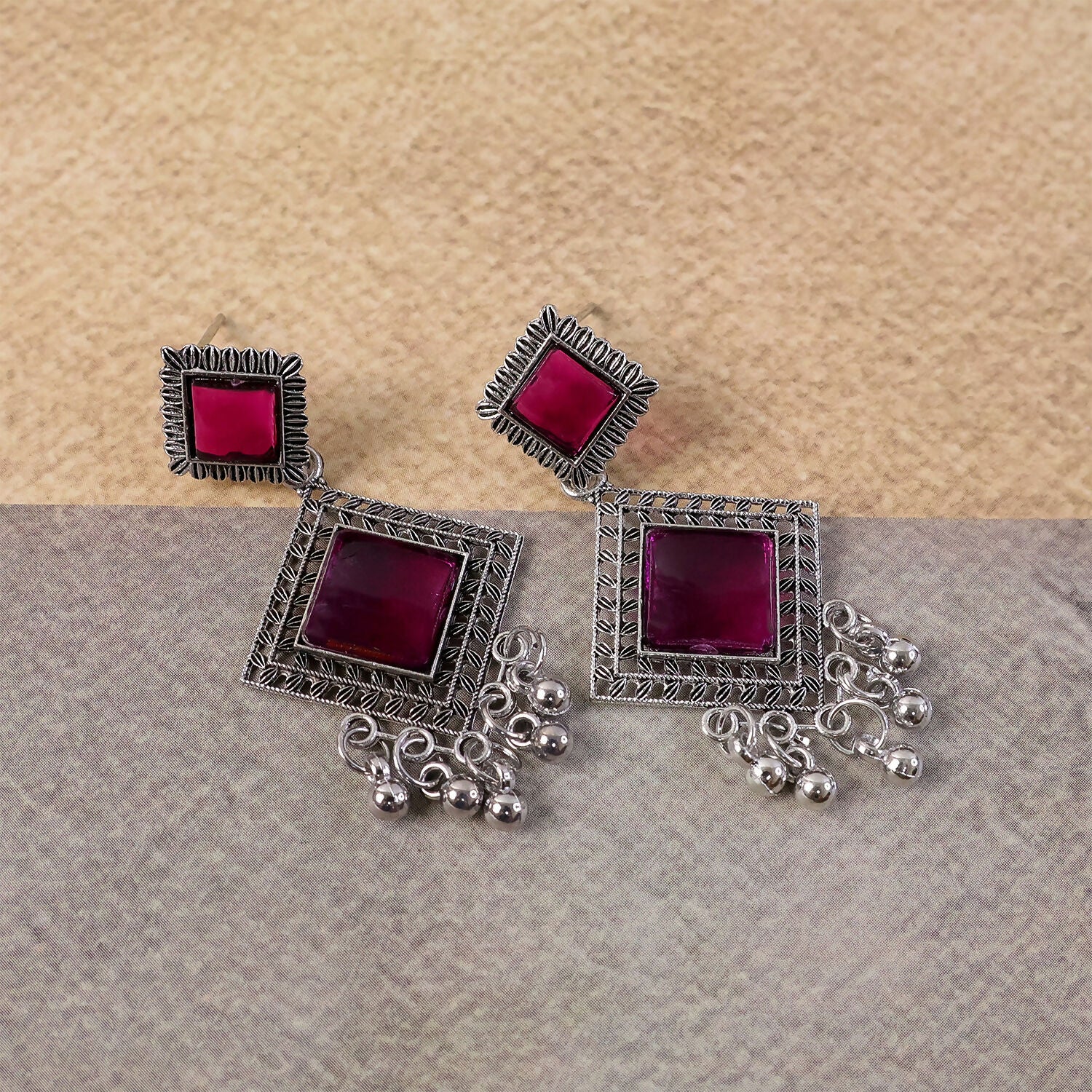 Traditional Indian Oxidised Dangler Earrings with Square Red Monalisa Stones - Image 3