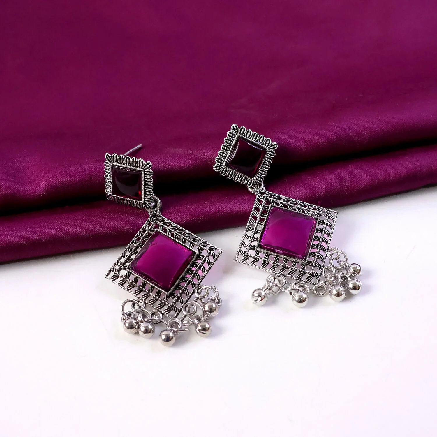 Traditional Indian Oxidised Dangler Earrings with Square Red Monalisa Stones - Image 4