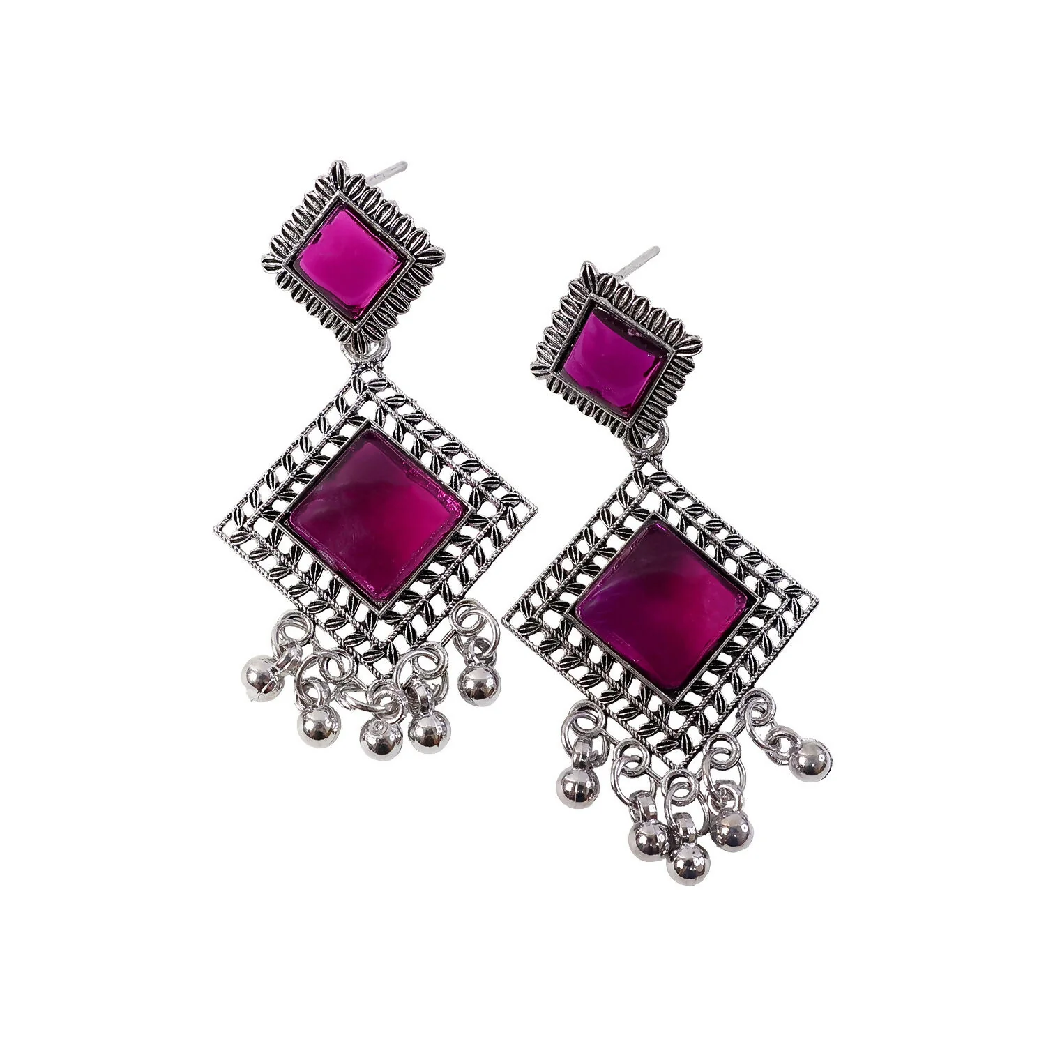 Traditional Indian Oxidised Dangler Earrings with Square Red Monalisa Stones - Image 5