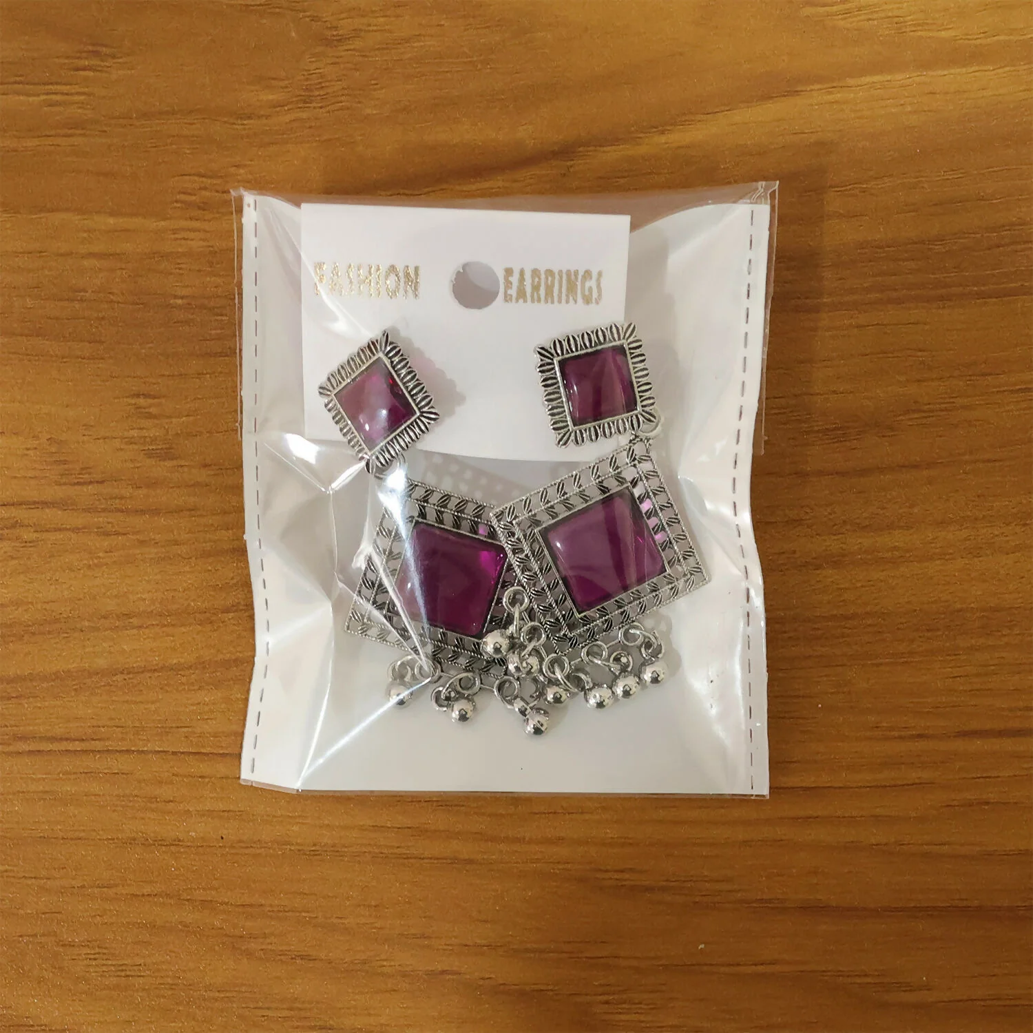 Traditional Indian Oxidised Dangler Earrings with Square Red Monalisa Stones - Image 6