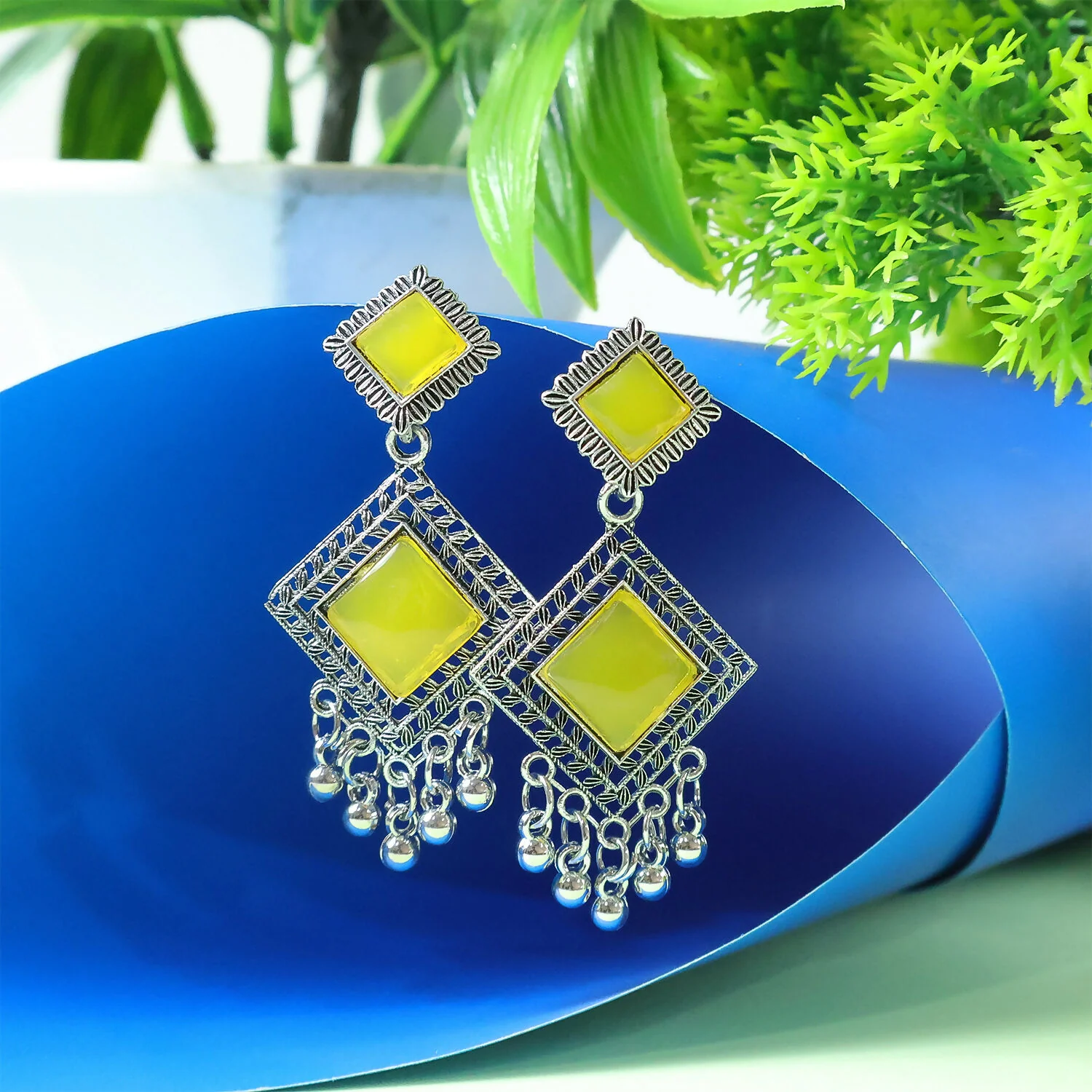 Traditional Indian Oxidised Dangler Earrings with Square Yellow Monalisa Stones - Image 2