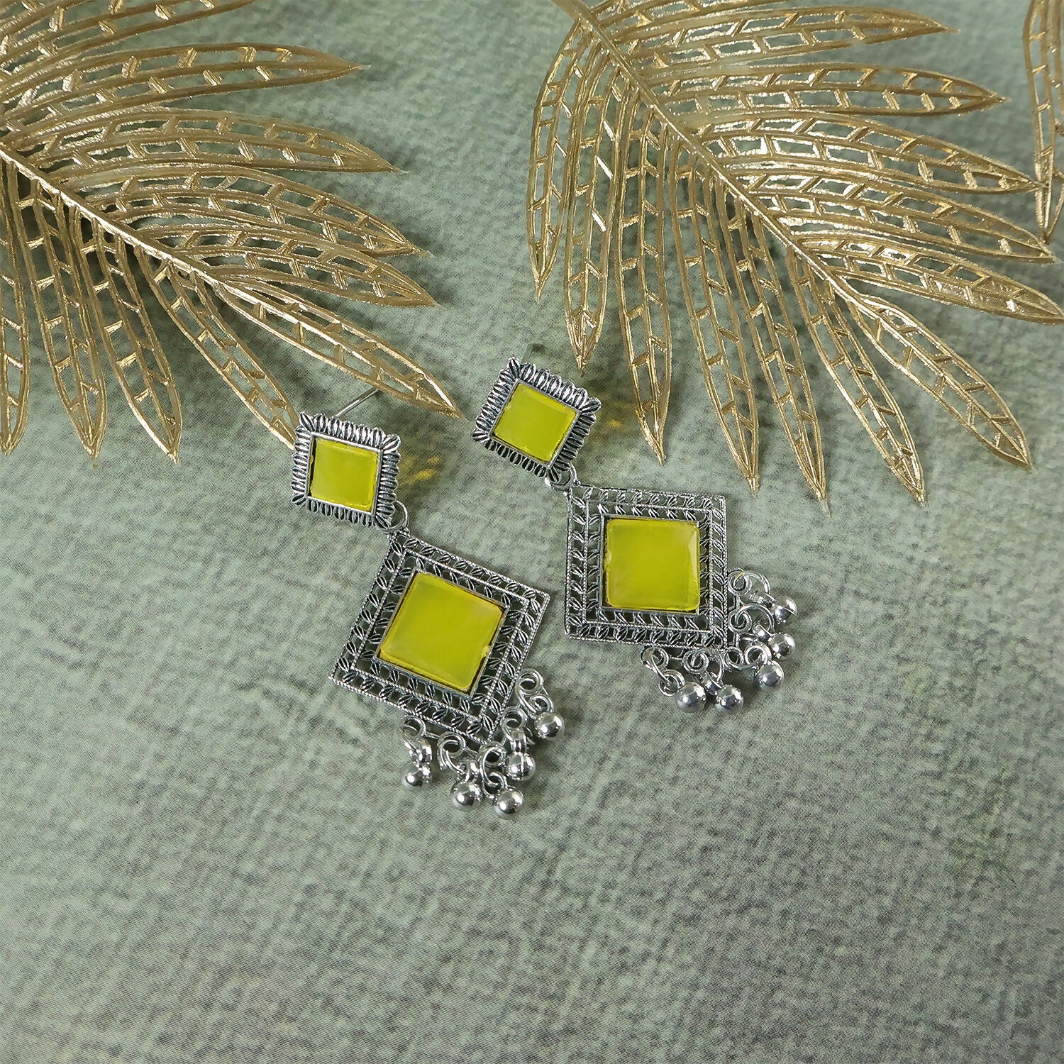 Traditional Indian Oxidised Dangler Earrings with Square Yellow Monalisa Stones - Image 3