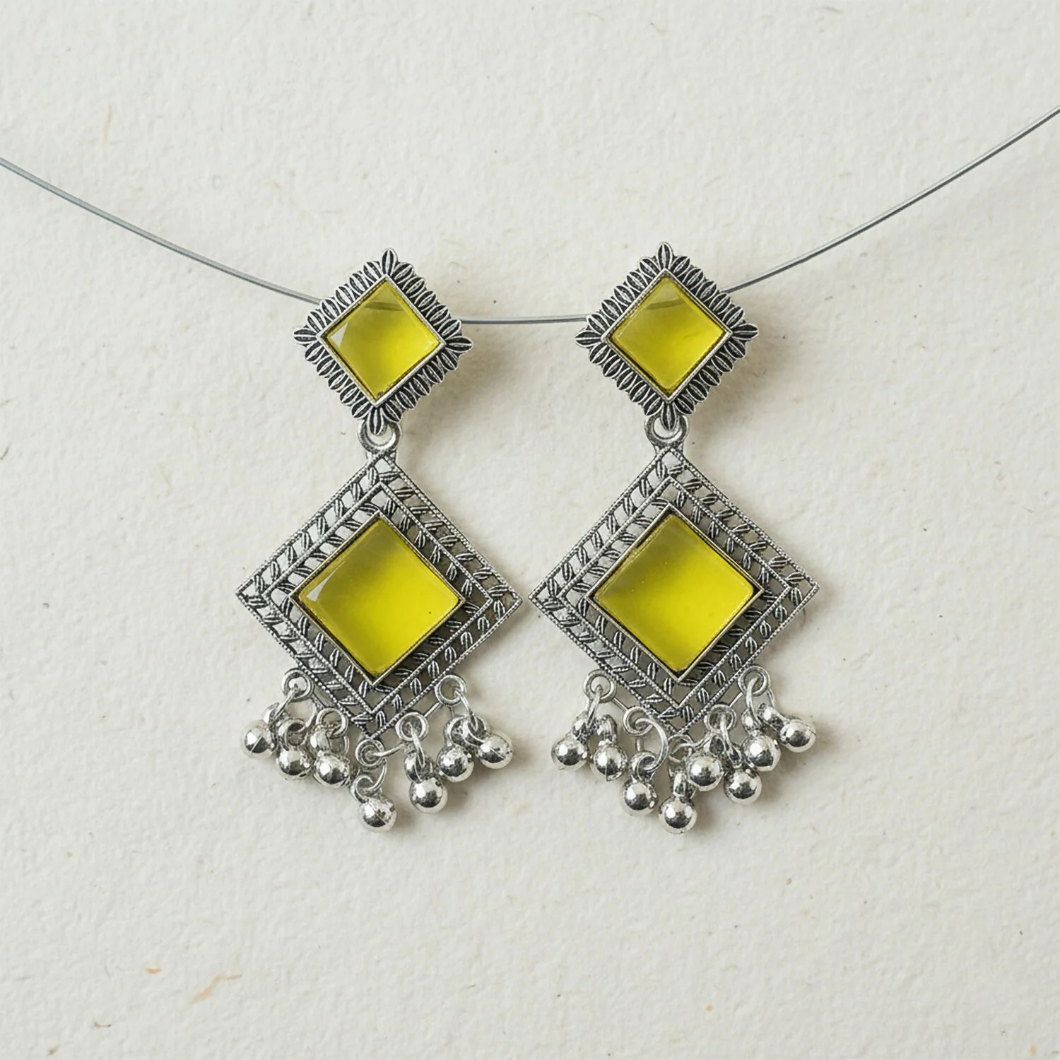 Traditional Indian Oxidised Dangler Earrings with Square Yellow Monalisa Stones - Image 4