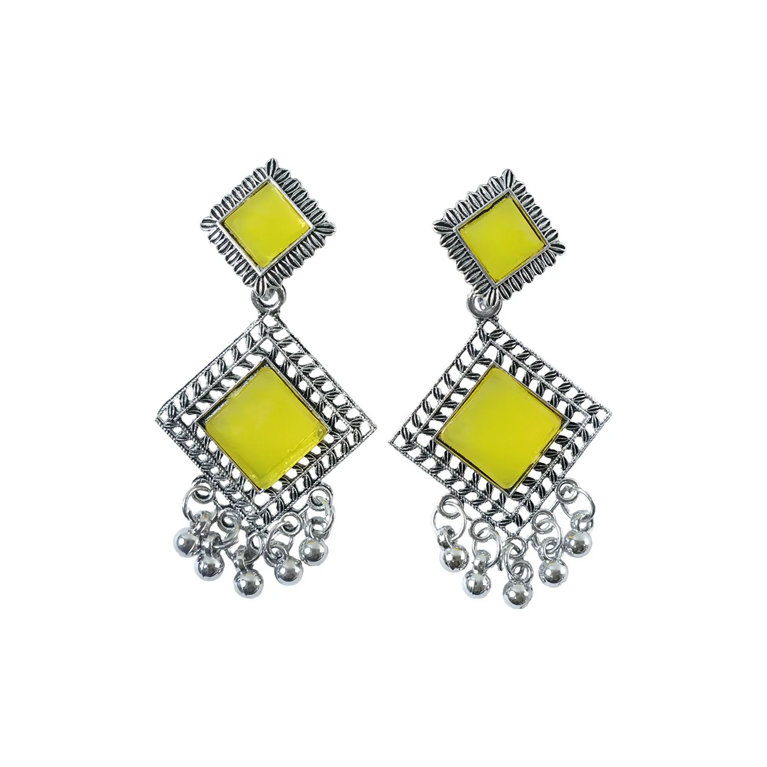 Traditional Indian Oxidised Dangler Earrings with Square Yellow Monalisa Stones - Image 5