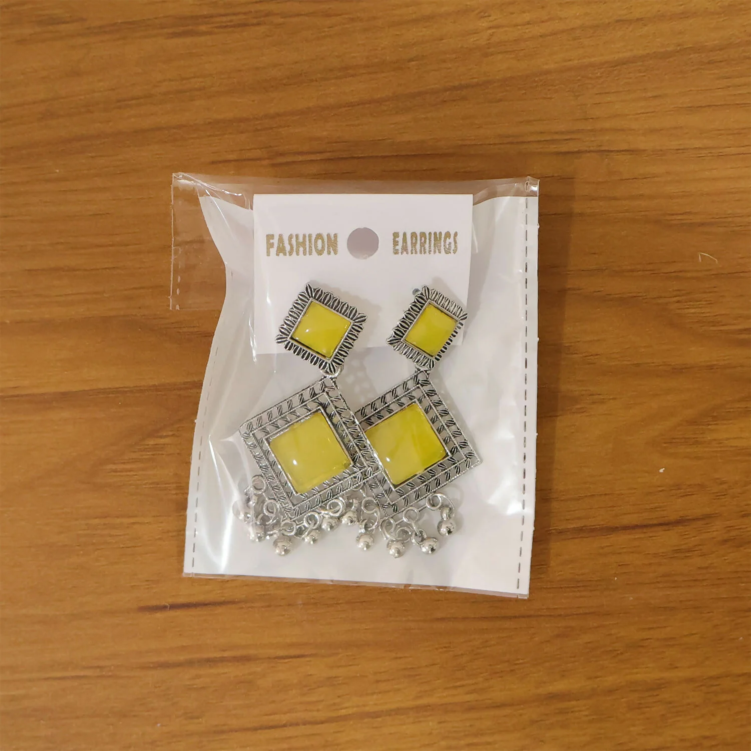 Traditional Indian Oxidised Dangler Earrings with Square Yellow Monalisa Stones - Image 6