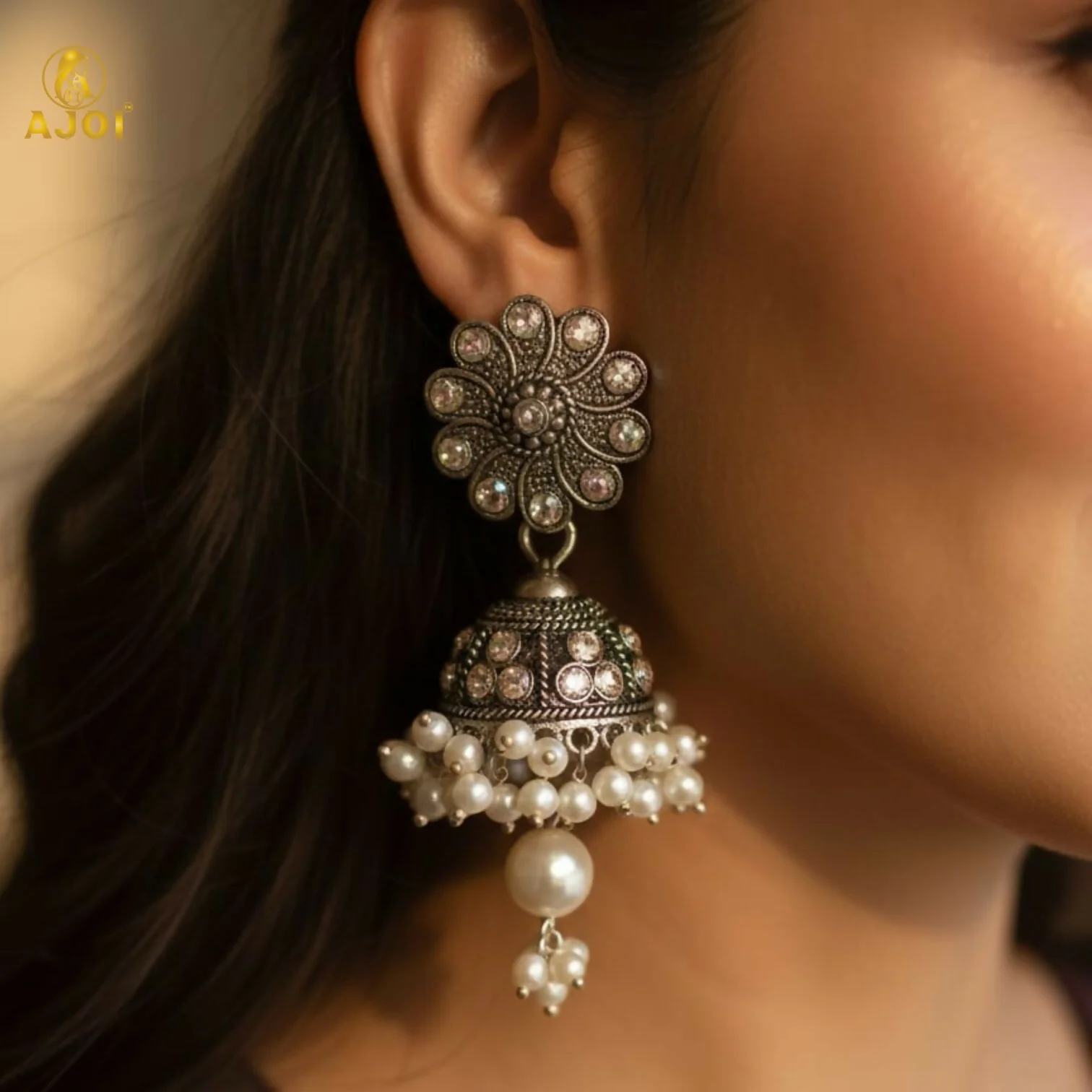 Traditional Indian Oxidised Silver Round Jhumka Earrings with Pearl Drops - Image 2