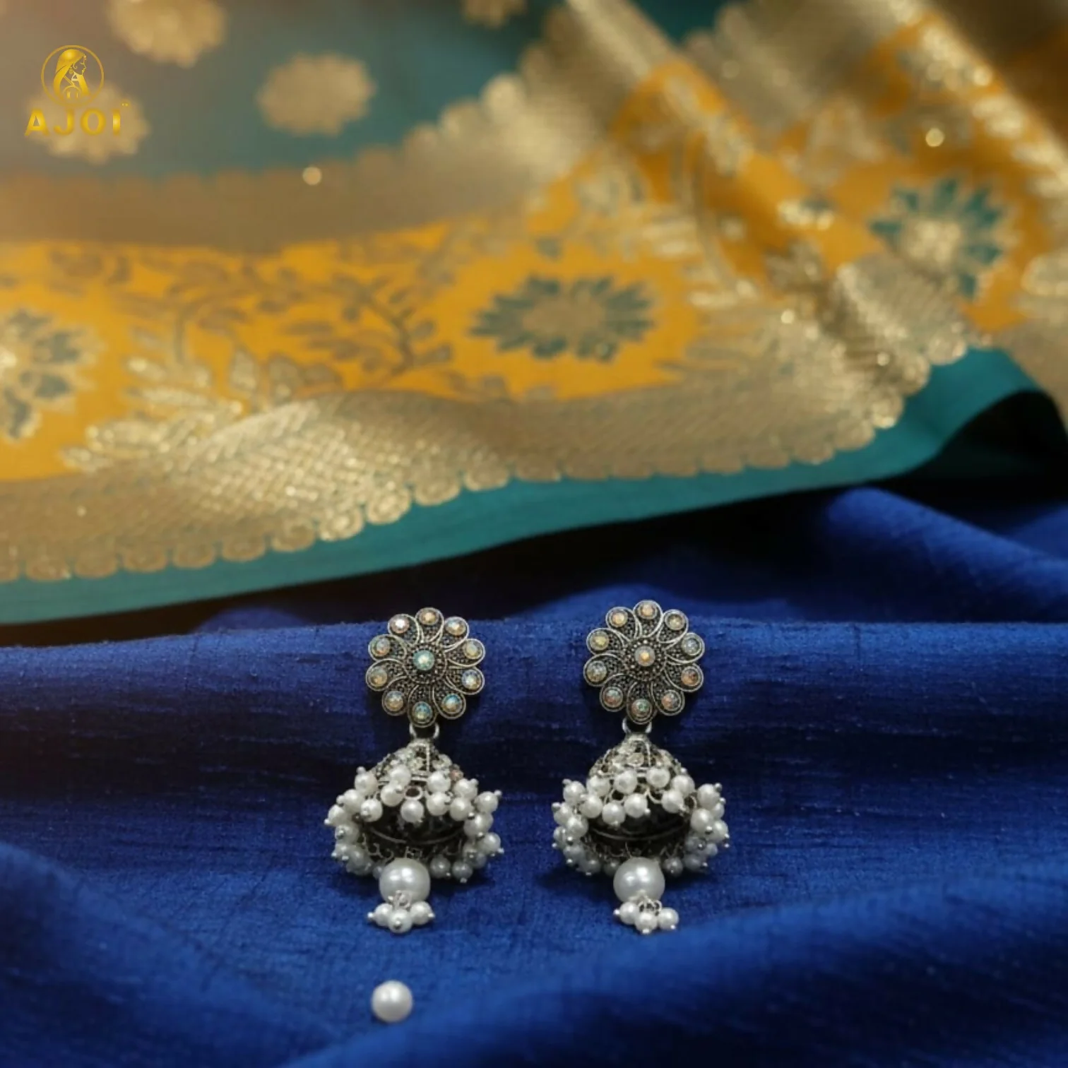 Traditional Indian Oxidised Silver Round Jhumka Earrings with Pearl Drops - Image 3