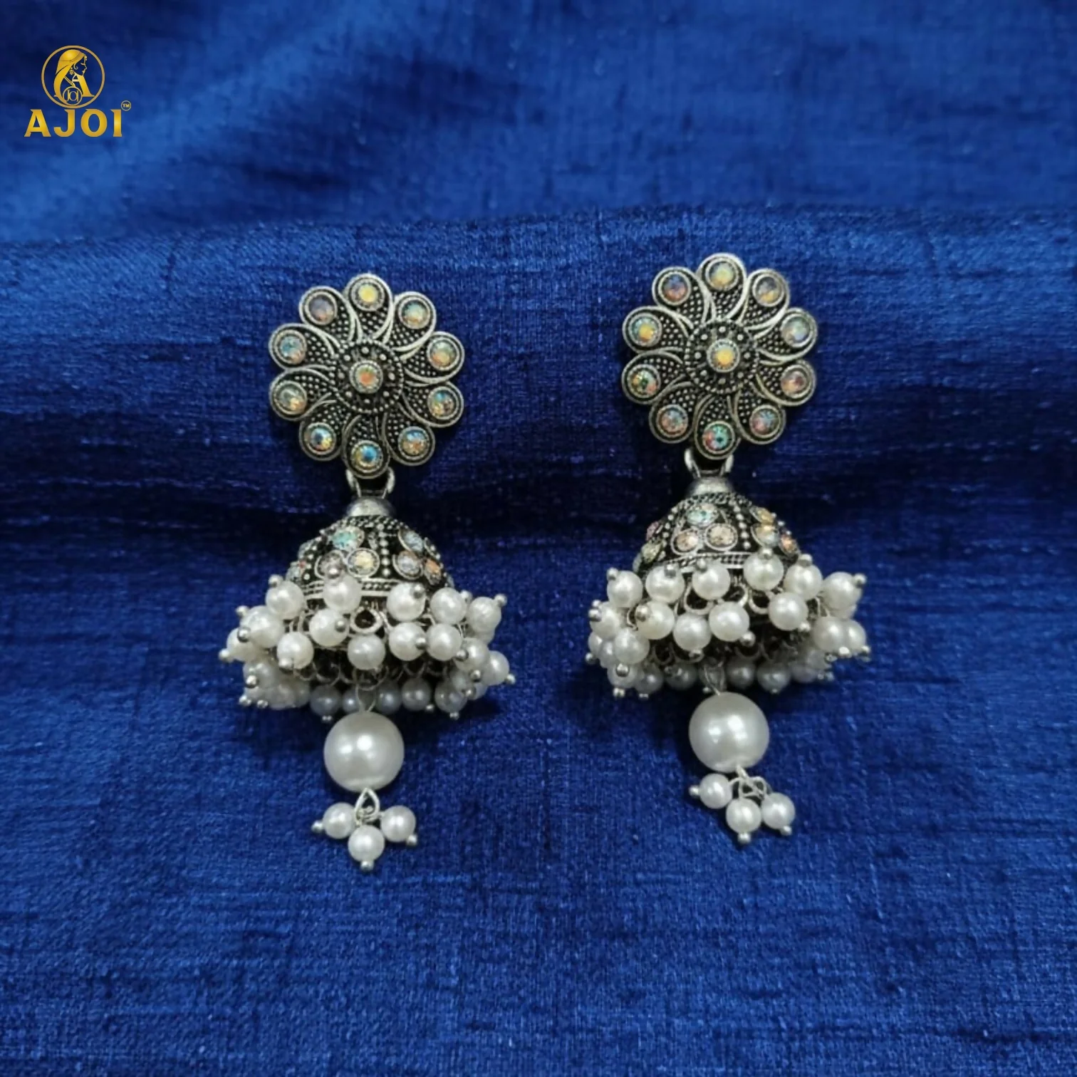 Traditional Indian Oxidised Silver Round Jhumka Earrings with Pearl Drops - Image 4
