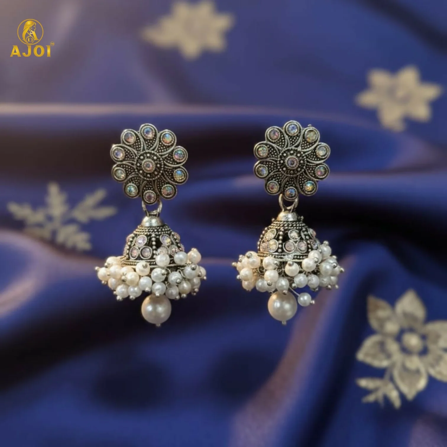 Traditional Indian Oxidised Silver Round Jhumka Earrings with Pearl Drops - Image 5