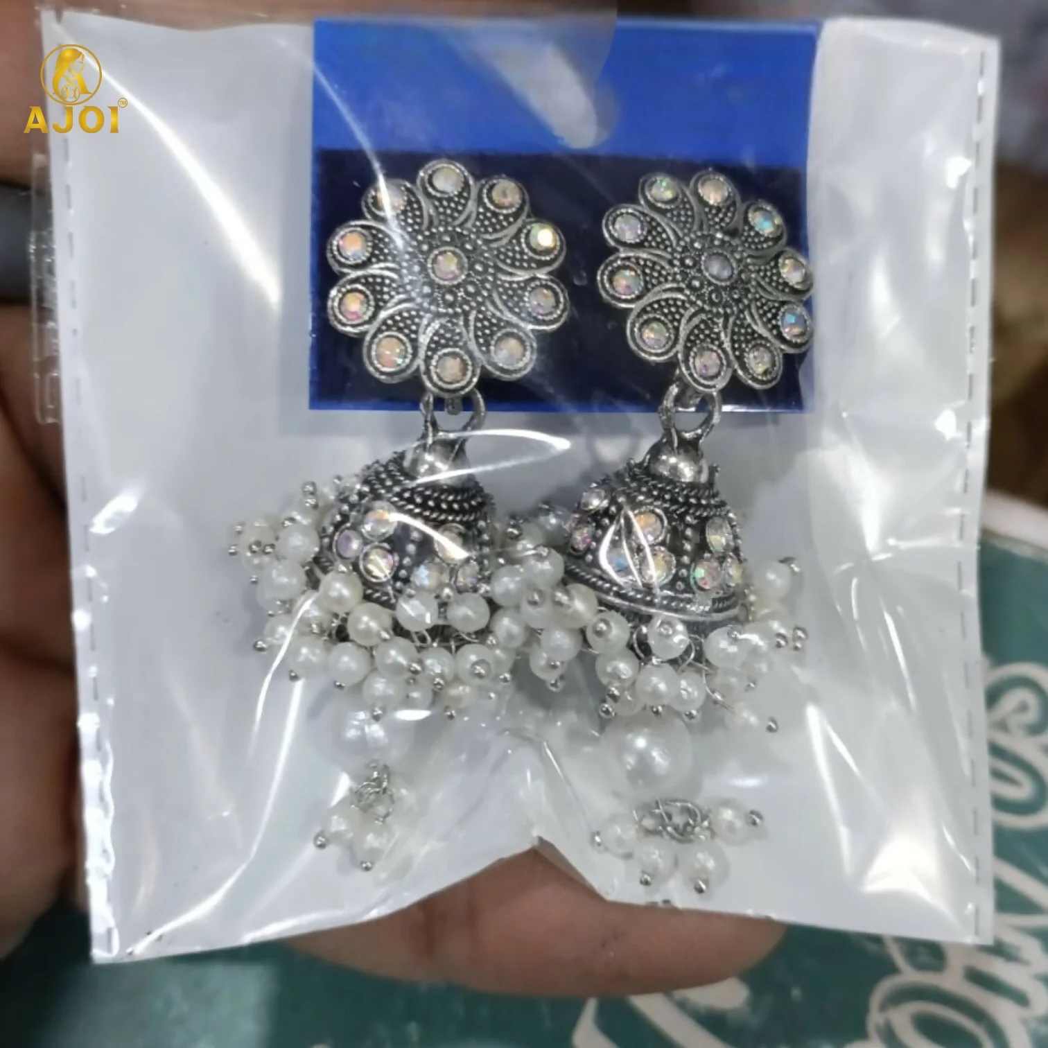 Traditional Indian Oxidised Silver Round Jhumka Earrings with Pearl Drops - Image 6