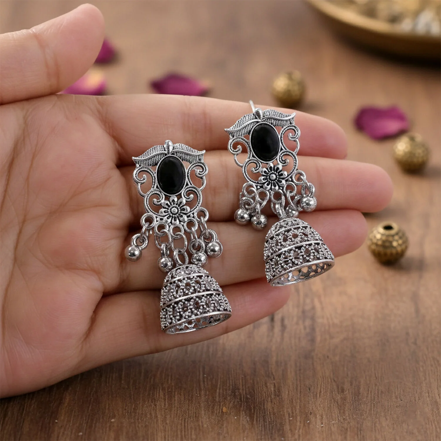 German Silver Jhumka Earrings with Black Monalisa Stones - Image 2