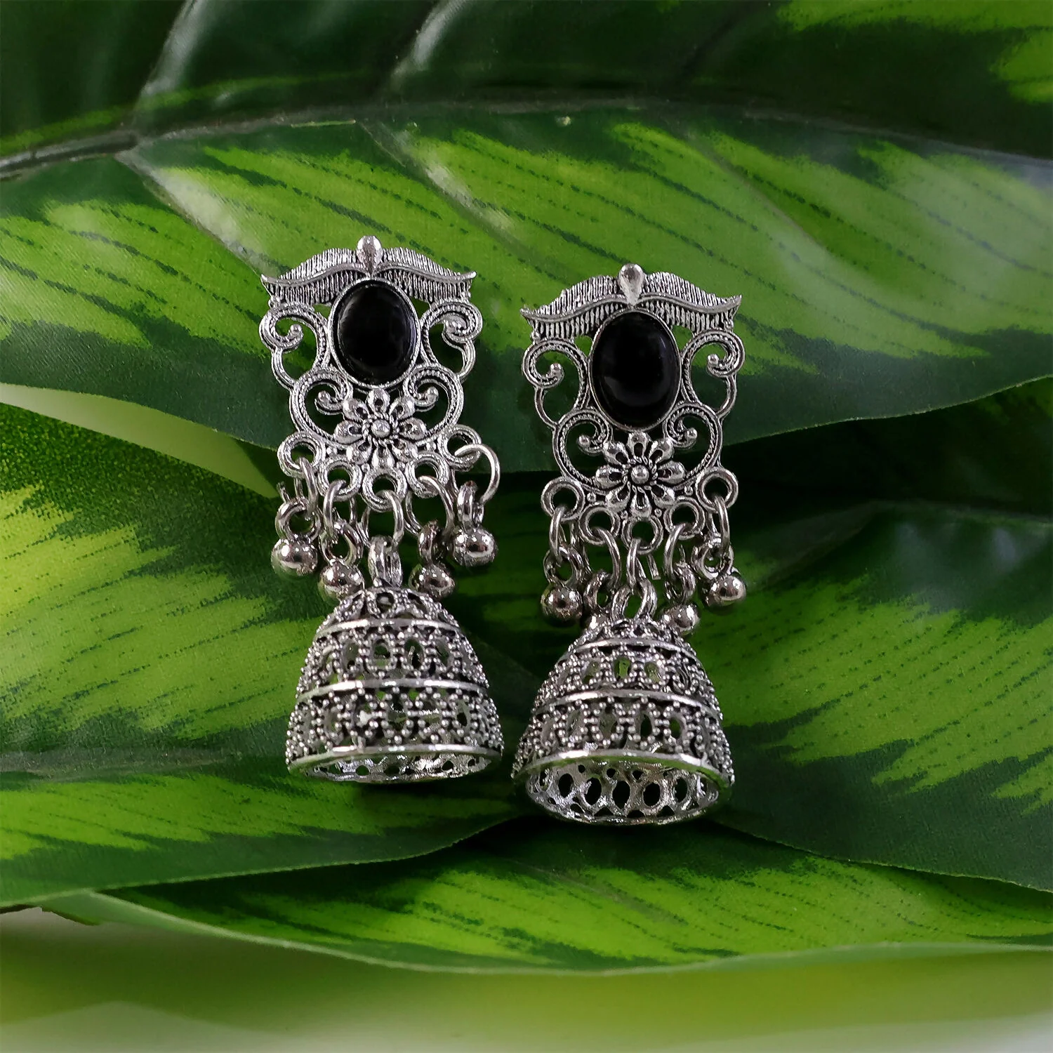 German Silver Jhumka Earrings with Black Monalisa Stones - Image 3