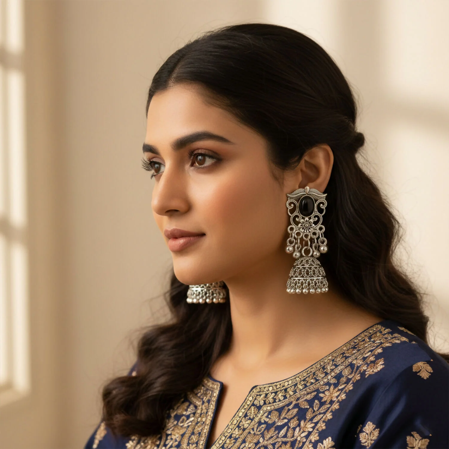 German Silver Jhumka Earrings with Black Monalisa Stones - Image 4