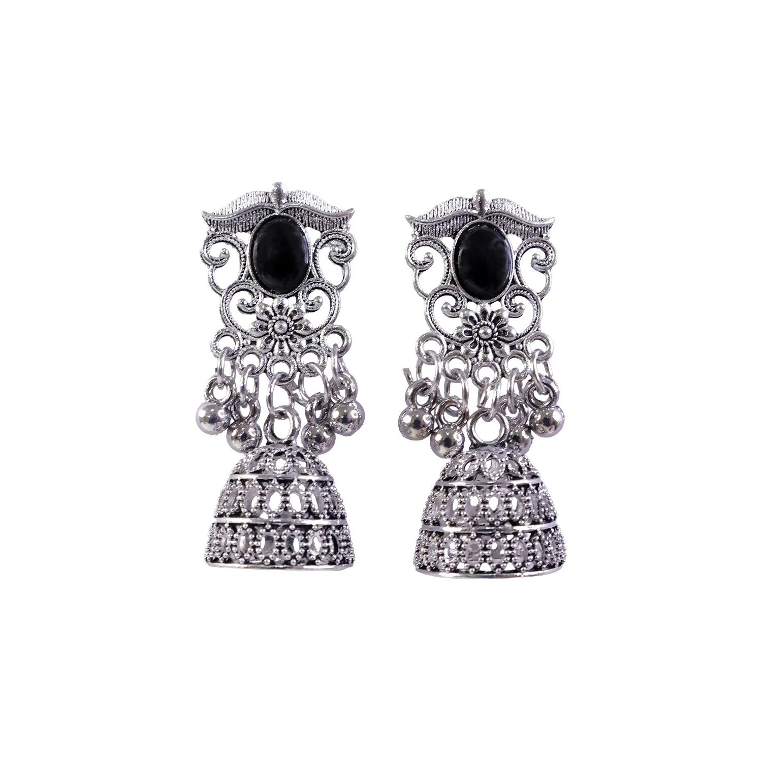 German Silver Jhumka Earrings with Black Monalisa Stones - Image 5