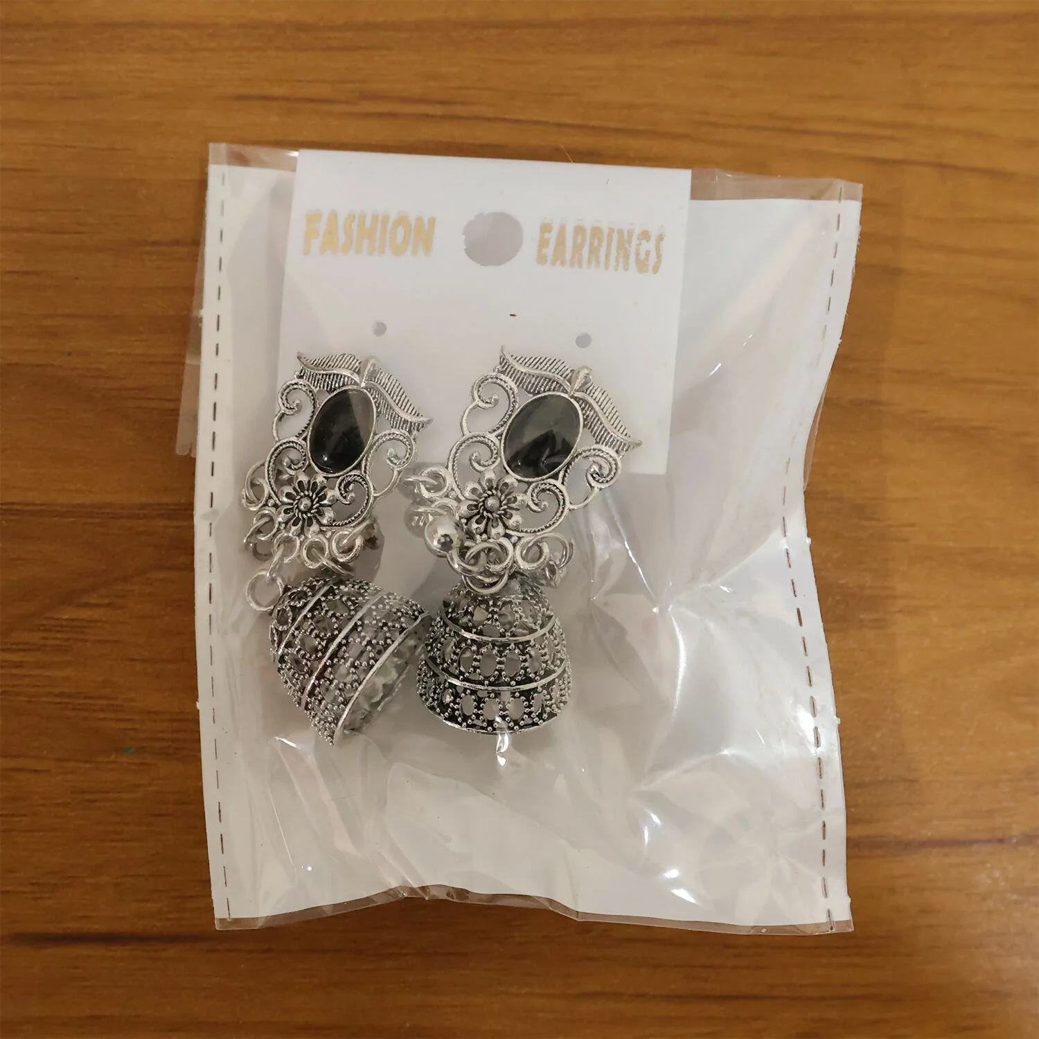 German Silver Jhumka Earrings with Black Monalisa Stones - Image 6