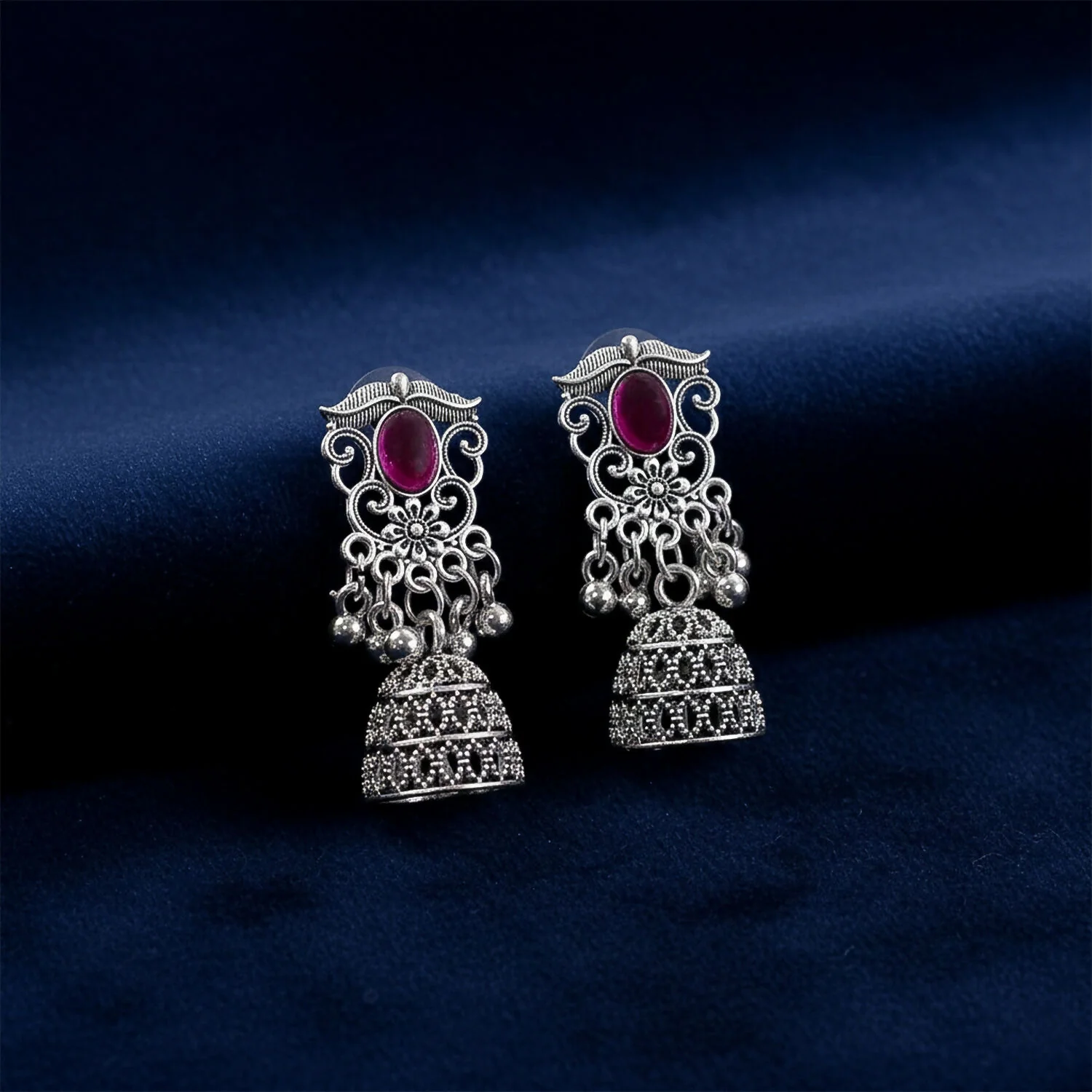 Traditional Silver Jhumka Earrings with Pink Stone & Intricate Filigree Design - Image 3