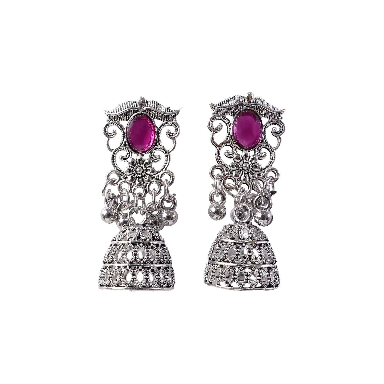 Traditional Silver Jhumka Earrings with Pink Stone & Intricate Filigree Design - Image 5