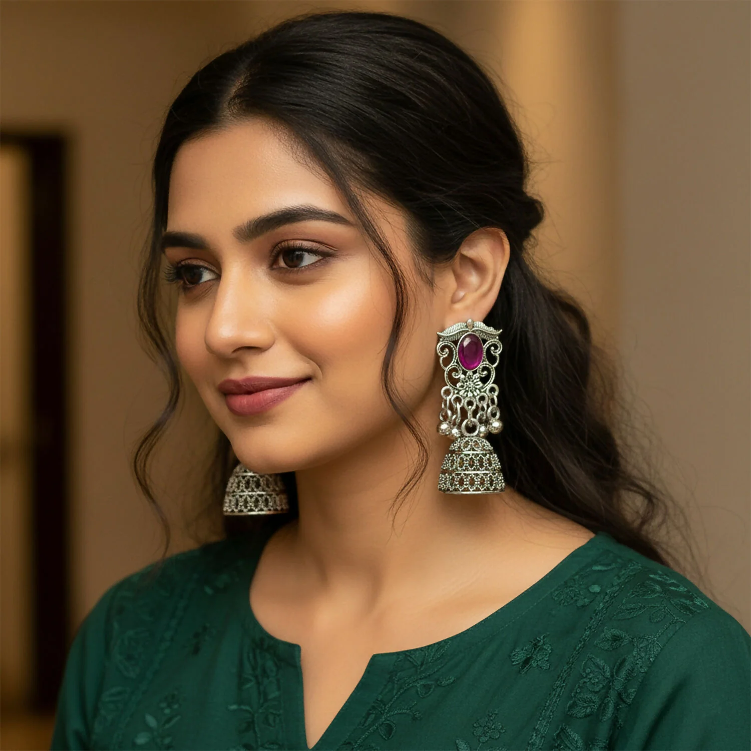 German Silver Jhumka Earrings with Red Monalisa Stones - Image 2