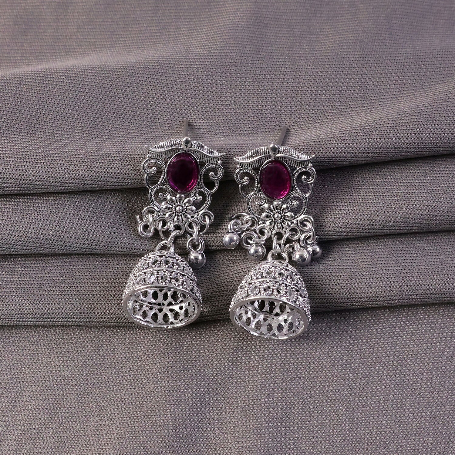 German Silver Jhumka Earrings with Red Monalisa Stones - Image 3