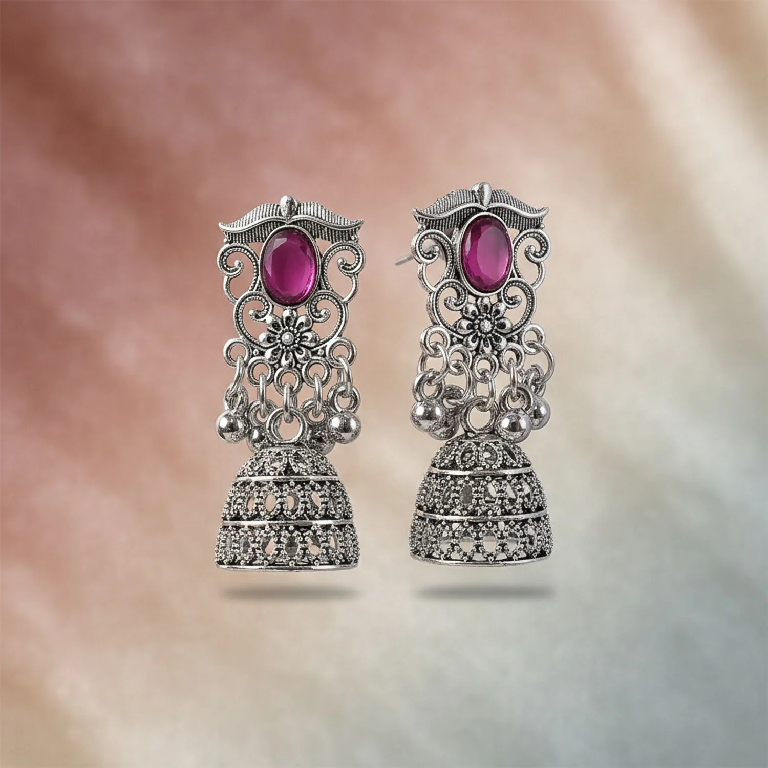 German Silver Jhumka Earrings with Red Monalisa Stones - Image 4
