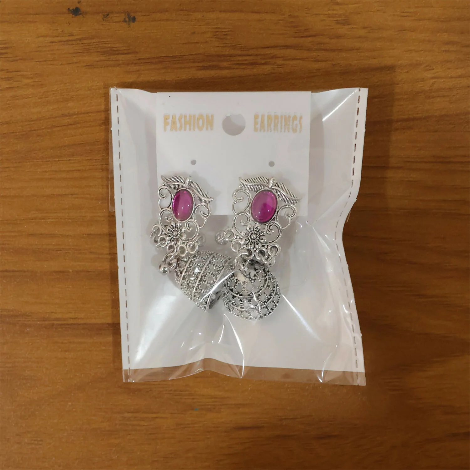 German Silver Jhumka Earrings with Red Monalisa Stones - Image 6