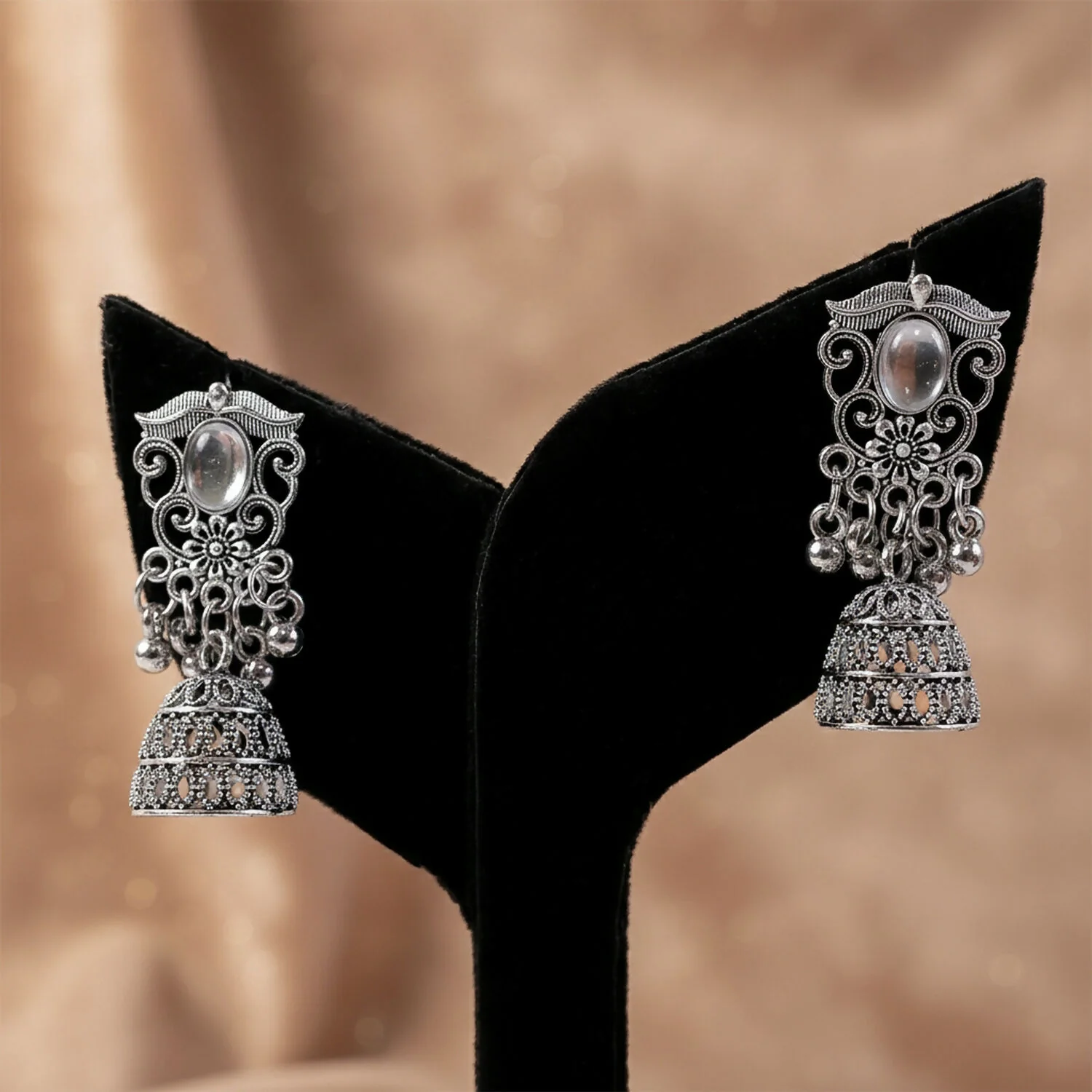 German Silver Jhumka Earrings with White Monalisa Stones - Image 3