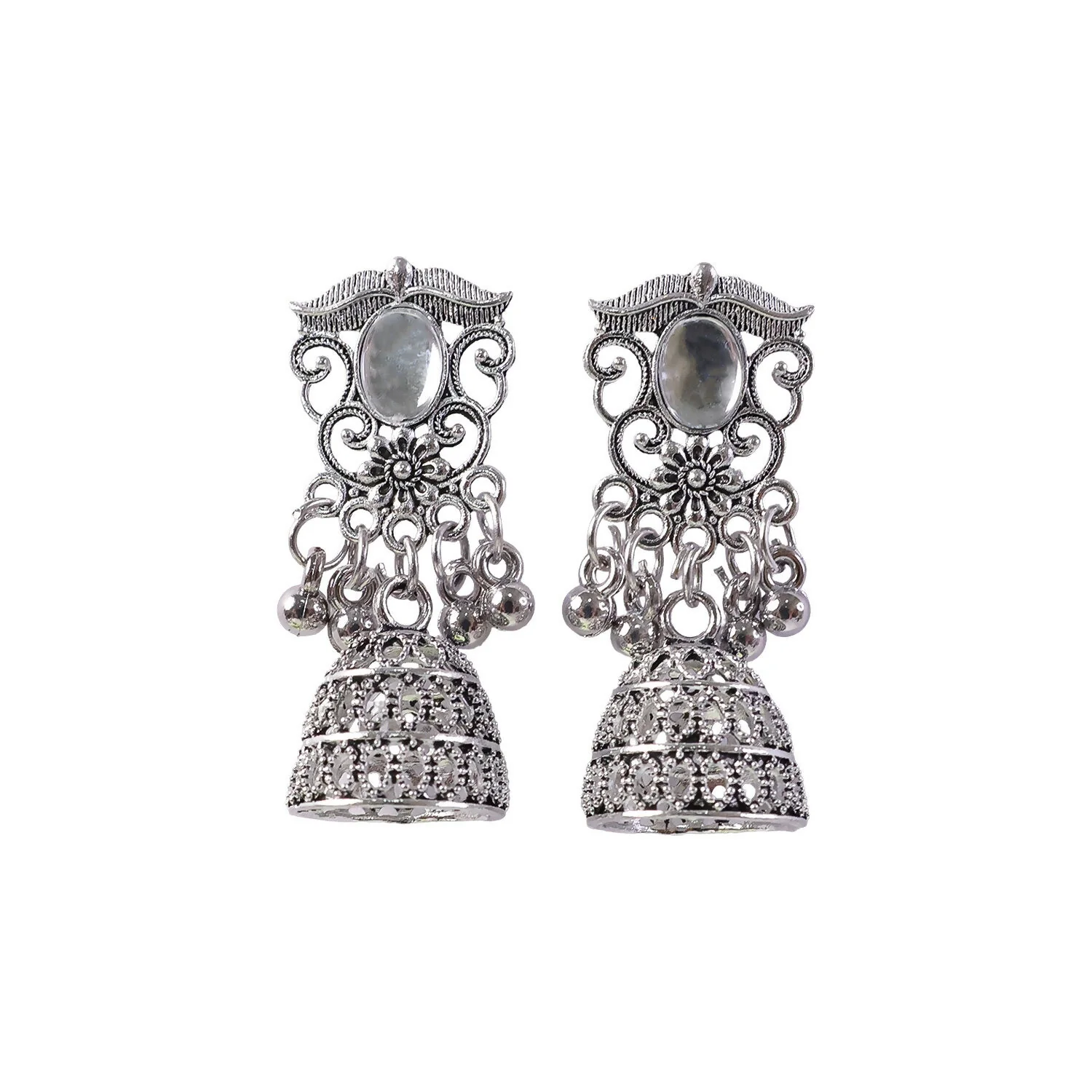 German Silver Jhumka Earrings with White Monalisa Stones - Image 5