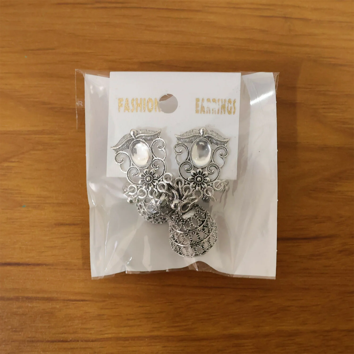 German Silver Jhumka Earrings with White Monalisa Stones - Image 6