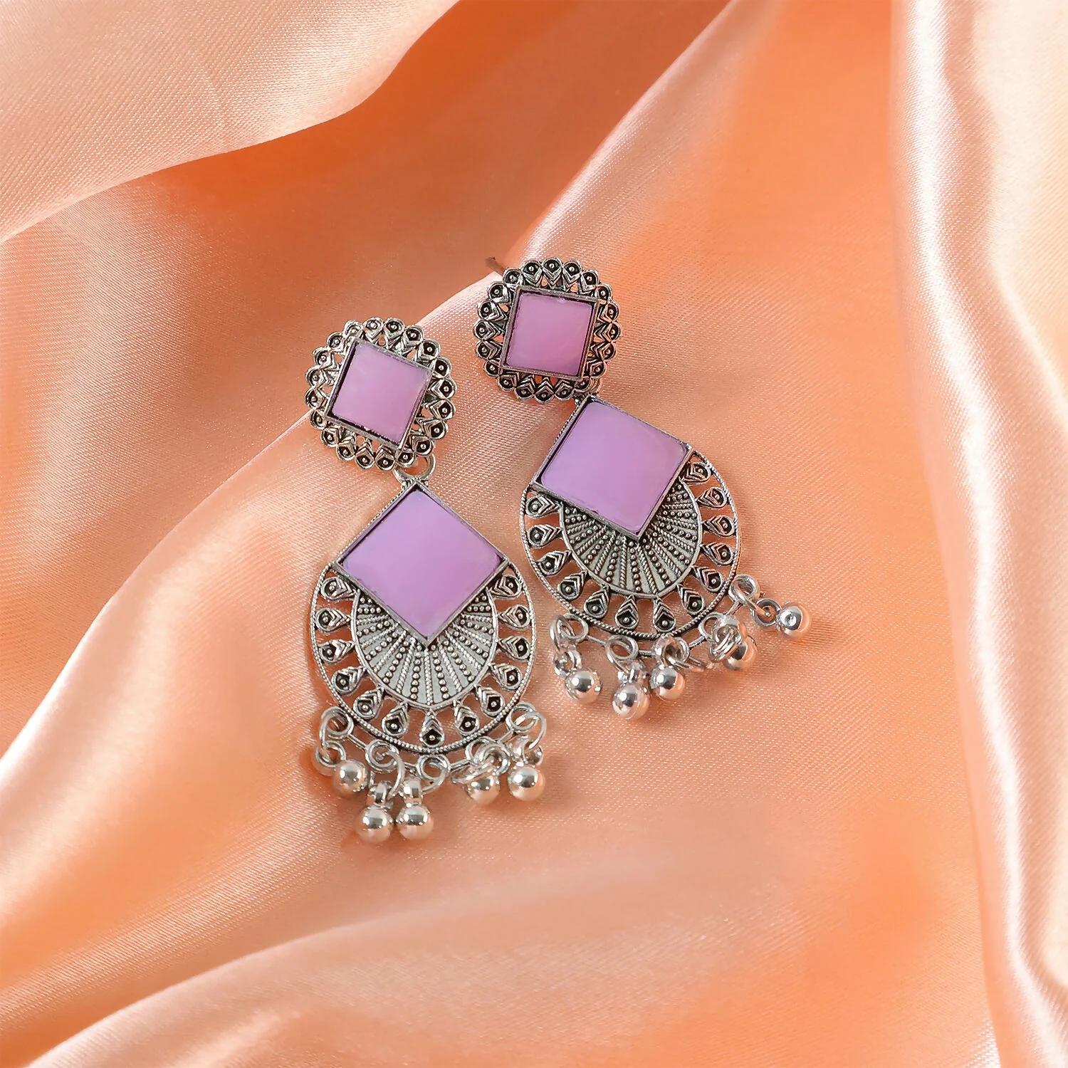Traditional Indian Oxidized Silver Plated Dangle Earrings with Square Lavender - Image 2