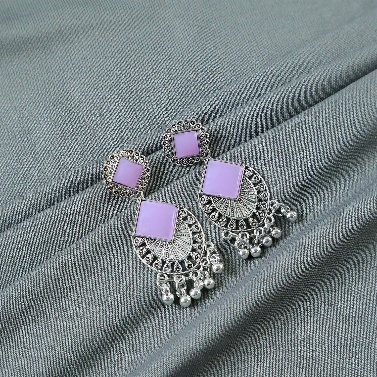 Traditional Indian Oxidized Silver Plated Dangle Earrings with Square Lavender - Image 3