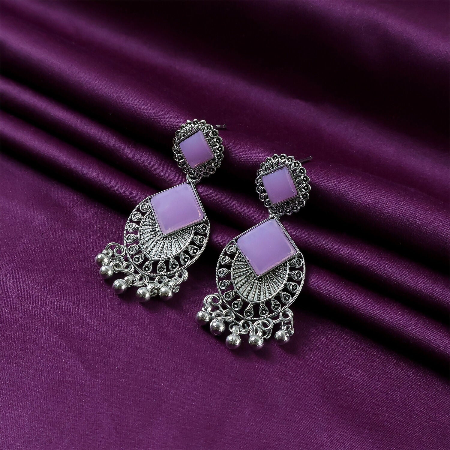Traditional Indian Oxidized Silver Plated Dangle Earrings with Square Lavender - Image 4