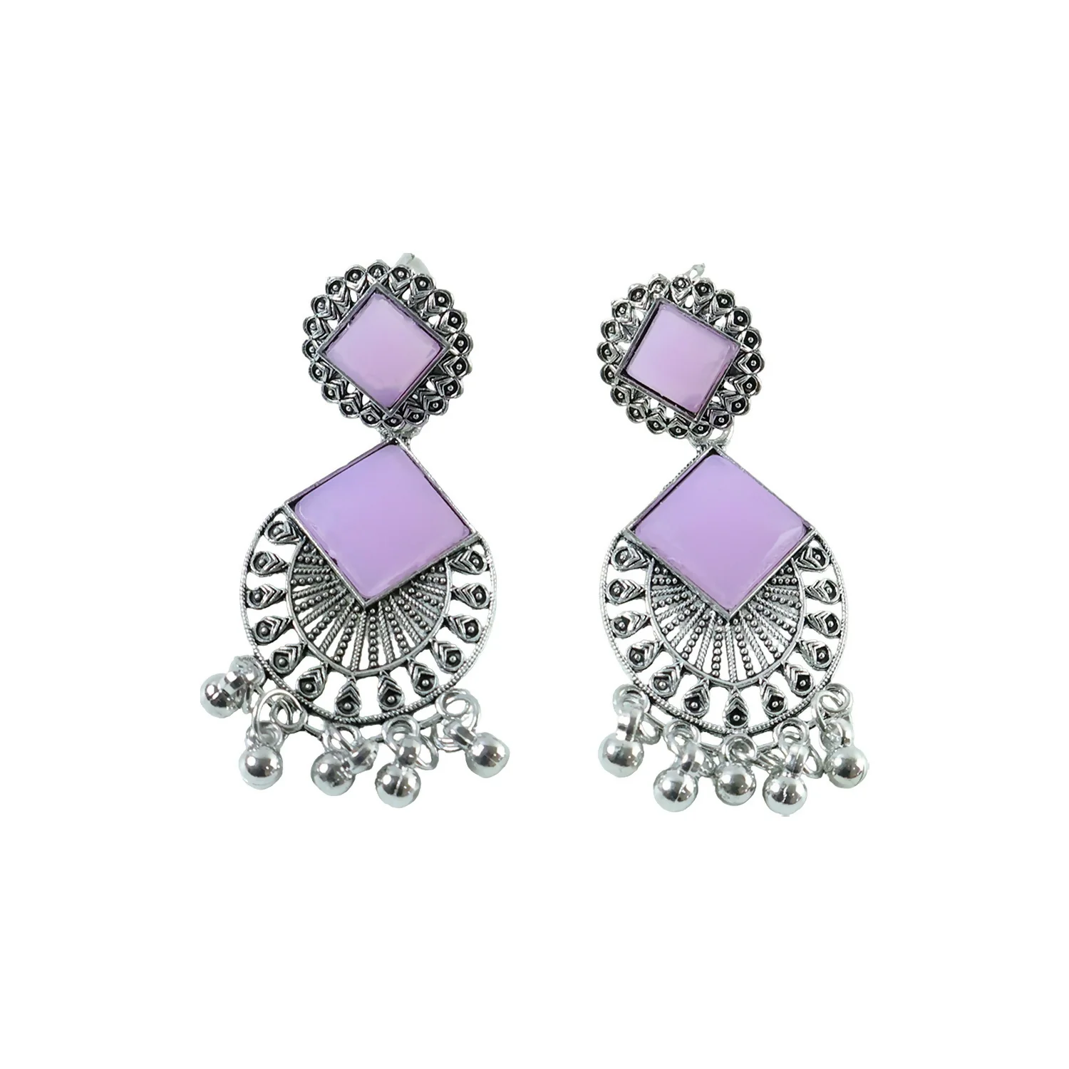 Traditional Indian Oxidized Silver Plated Dangle Earrings with Square Lavender - Image 5