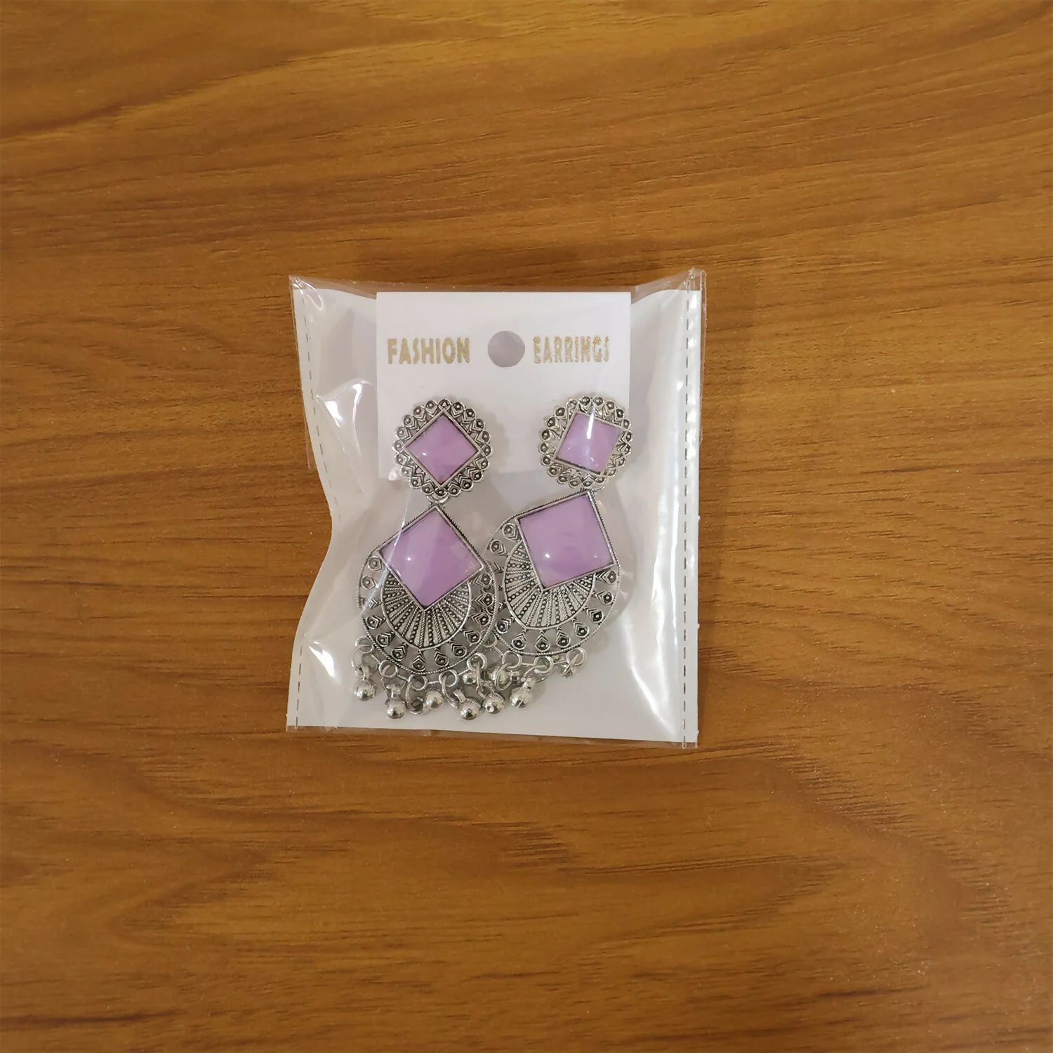 Traditional Indian Oxidized Silver Plated Dangle Earrings with Square Lavender - Image 6