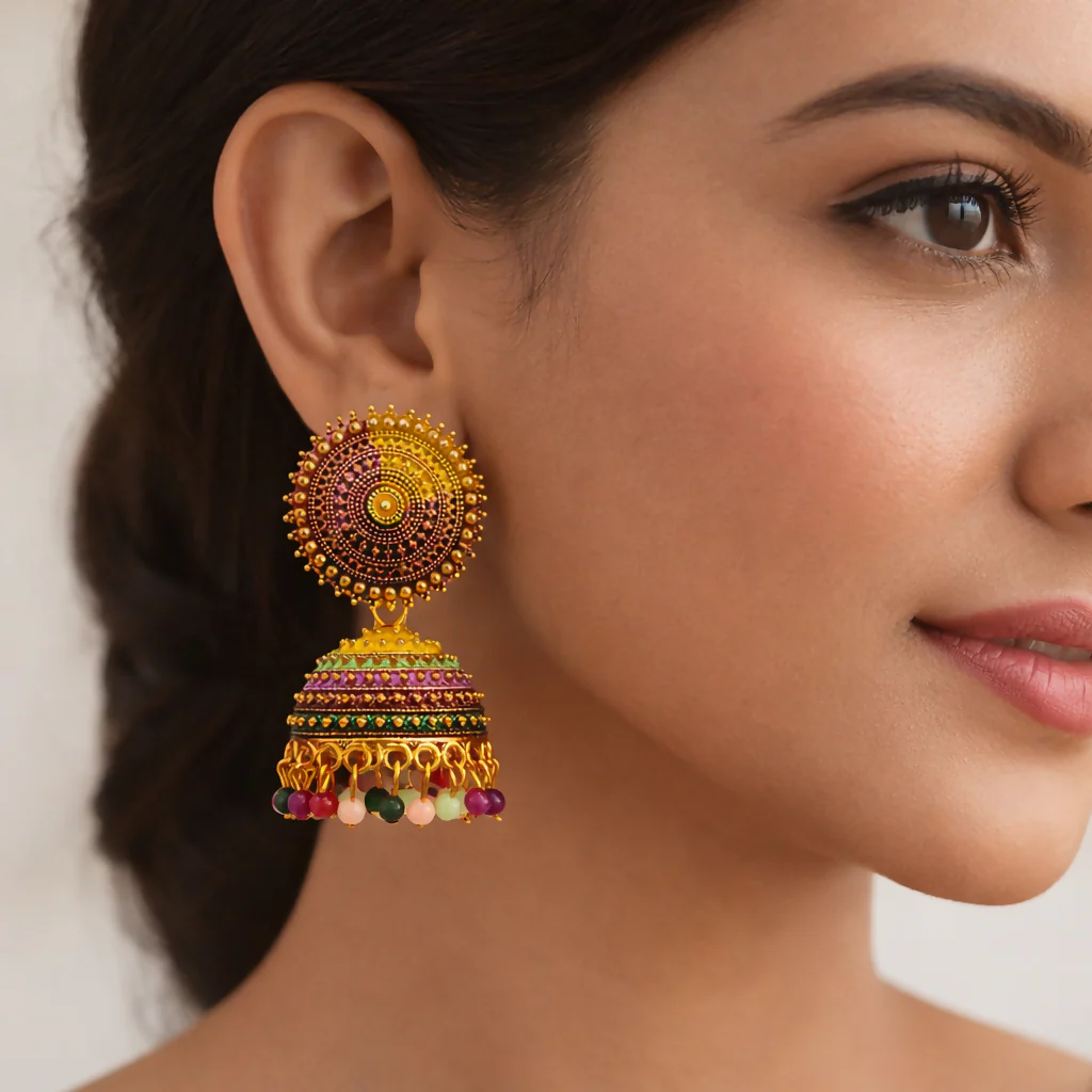 Traditional jhumka earrings adorned with multicoloured detailing - Image 2