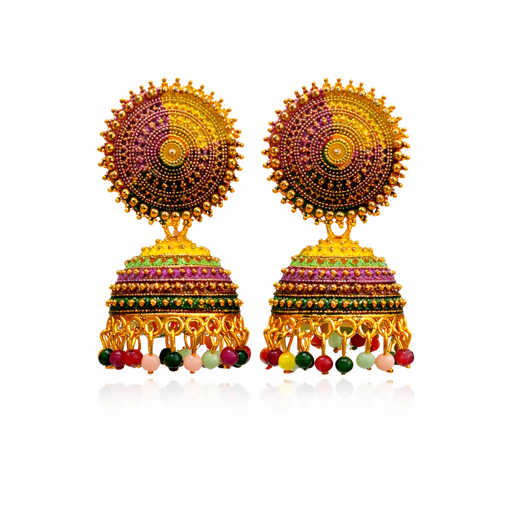 Traditional jhumka earrings adorned with multicoloured detailing - Image 3