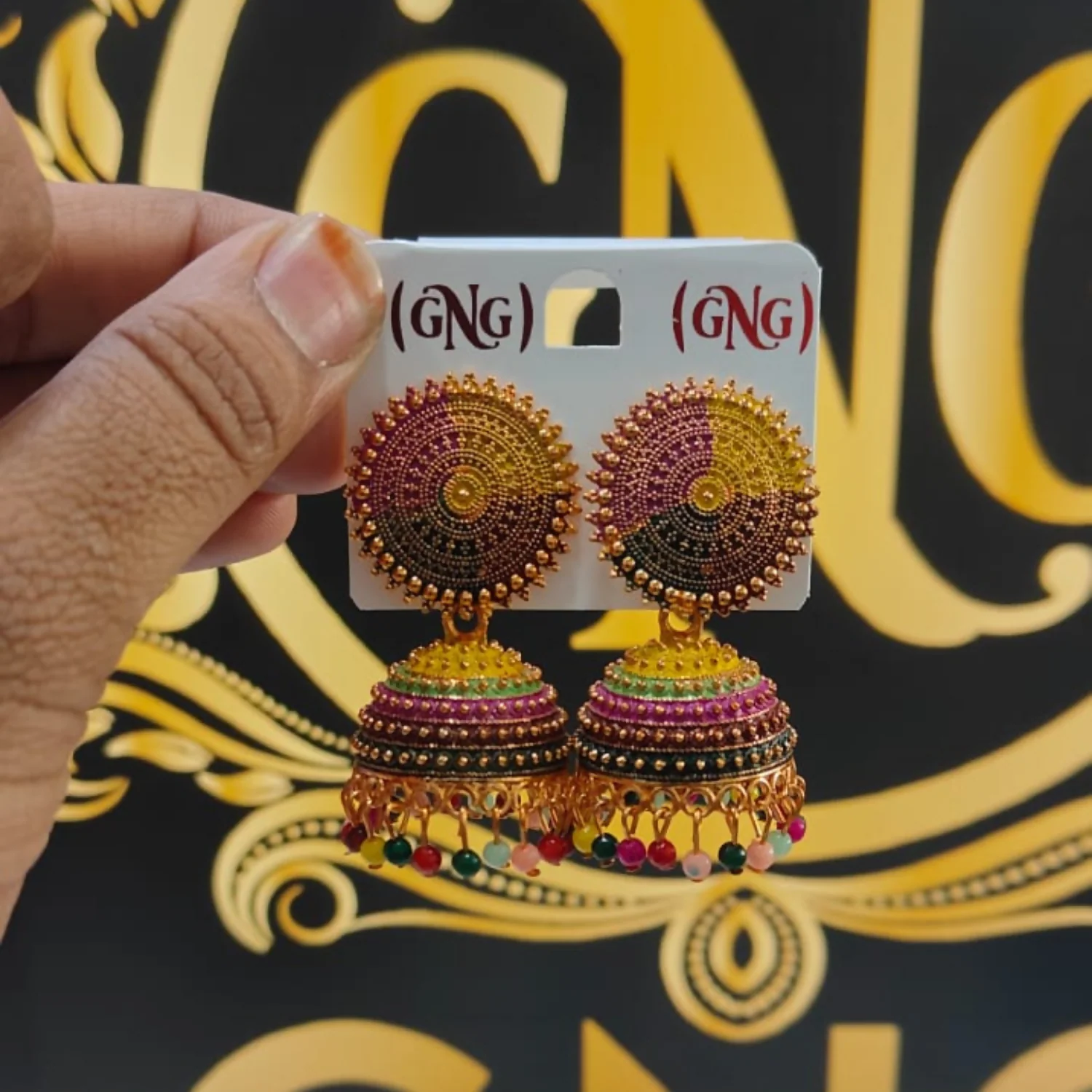 Traditional jhumka earrings adorned with multicoloured detailing - Image 4