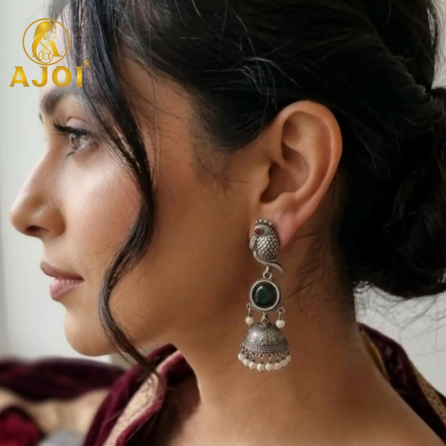 Traditional Jhumka & Oxidized Peacock Earrings Set of 2 - Image 2