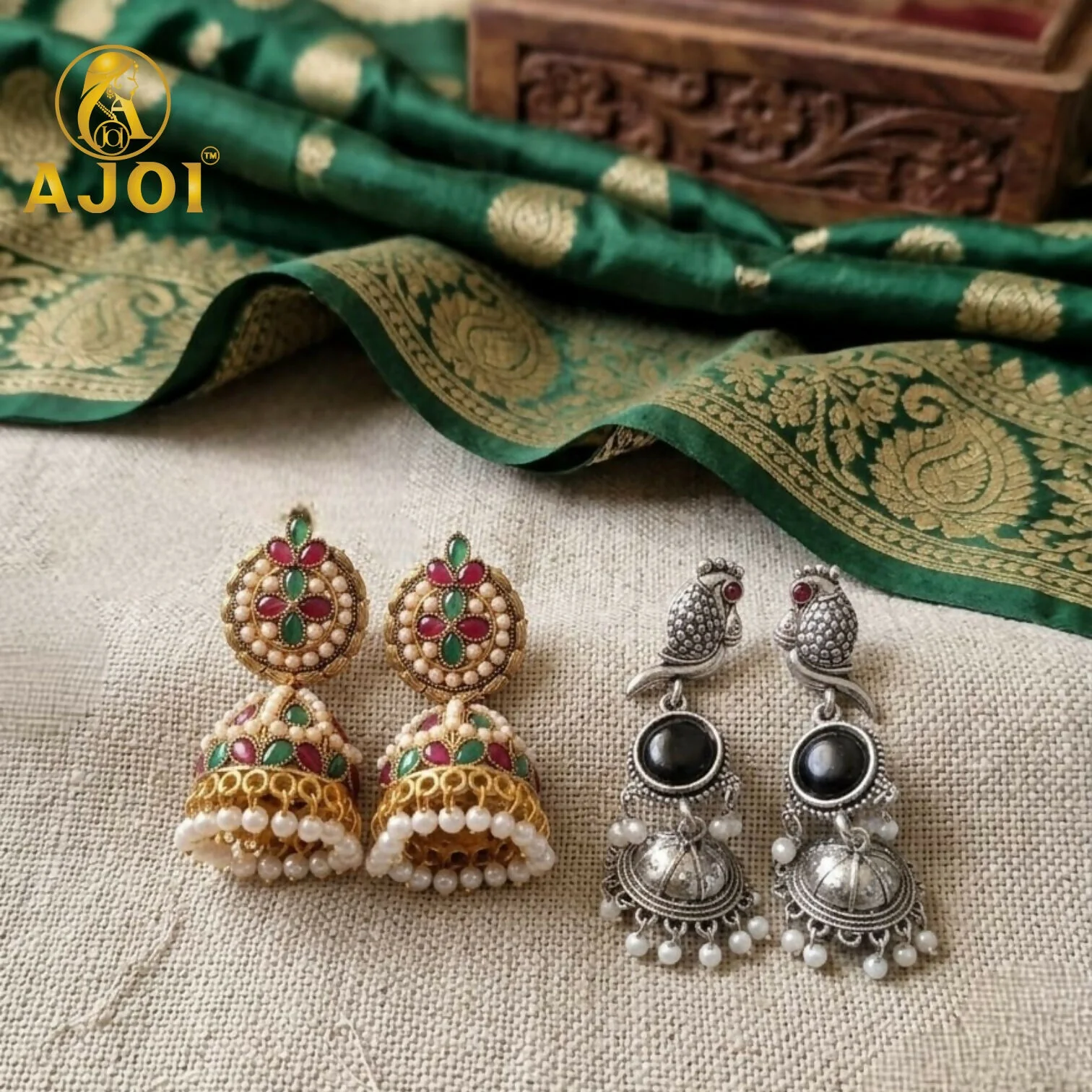 Traditional Jhumka & Oxidized Peacock Earrings Set of 2 - Image 3