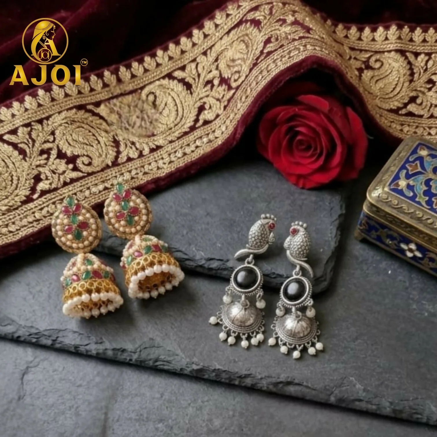 Traditional Jhumka & Oxidized Peacock Earrings Set of 2 - Image 4