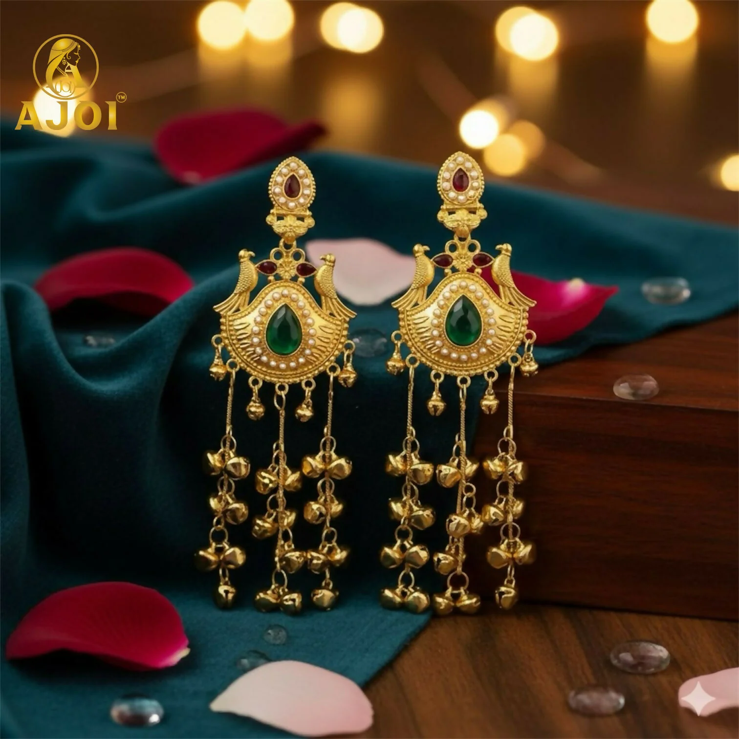 Traditional Kashmiri Gold-Plated Jhumka Earrings with Green Stone & Ghungroo Drops