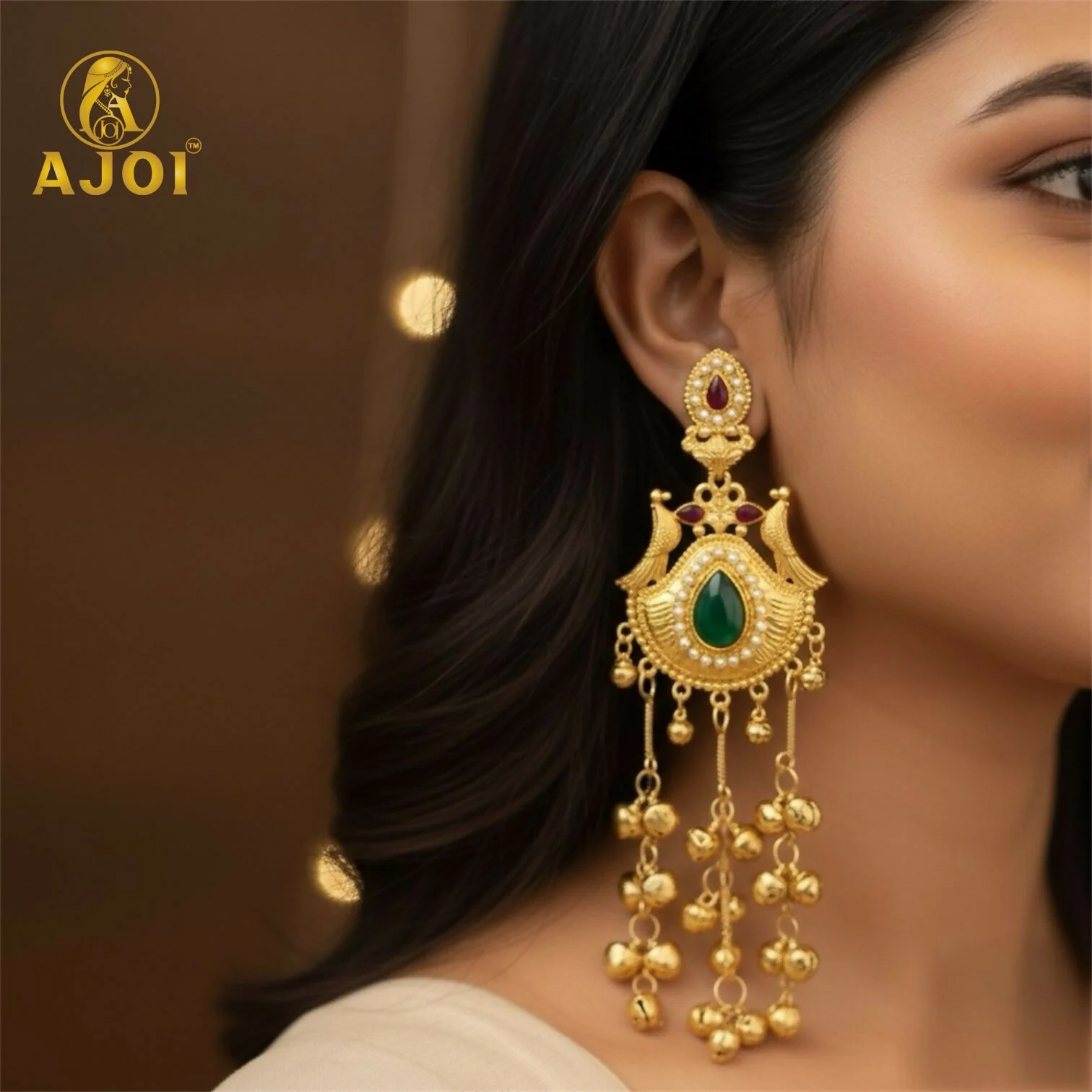 Traditional Kashmiri Gold-Plated Jhumka Earrings with Green Stone & Ghungroo Drops - Image 2