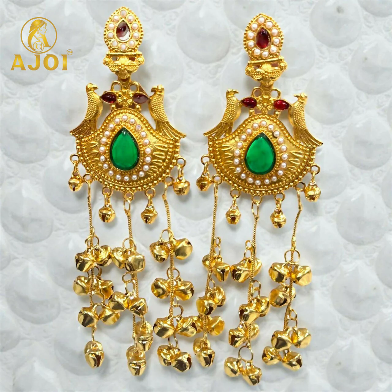 Traditional Kashmiri Gold-Plated Jhumka Earrings with Green Stone & Ghungroo Drops - Image 3