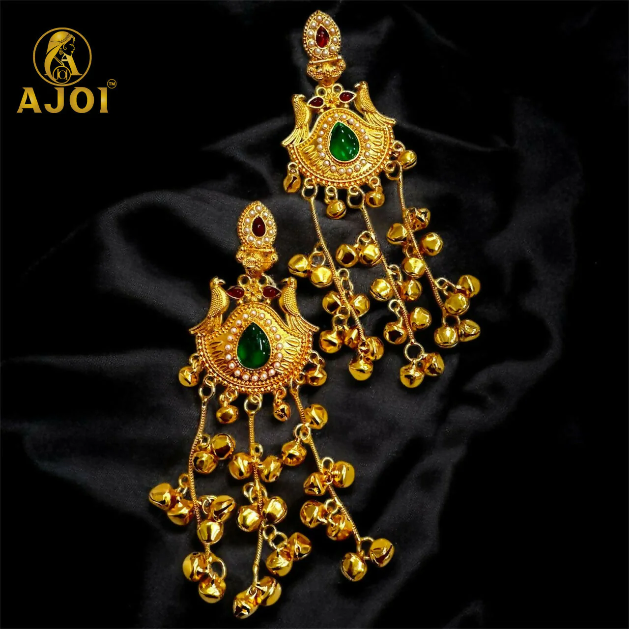 Traditional Kashmiri Gold-Plated Jhumka Earrings with Green Stone & Ghungroo Drops - Image 4