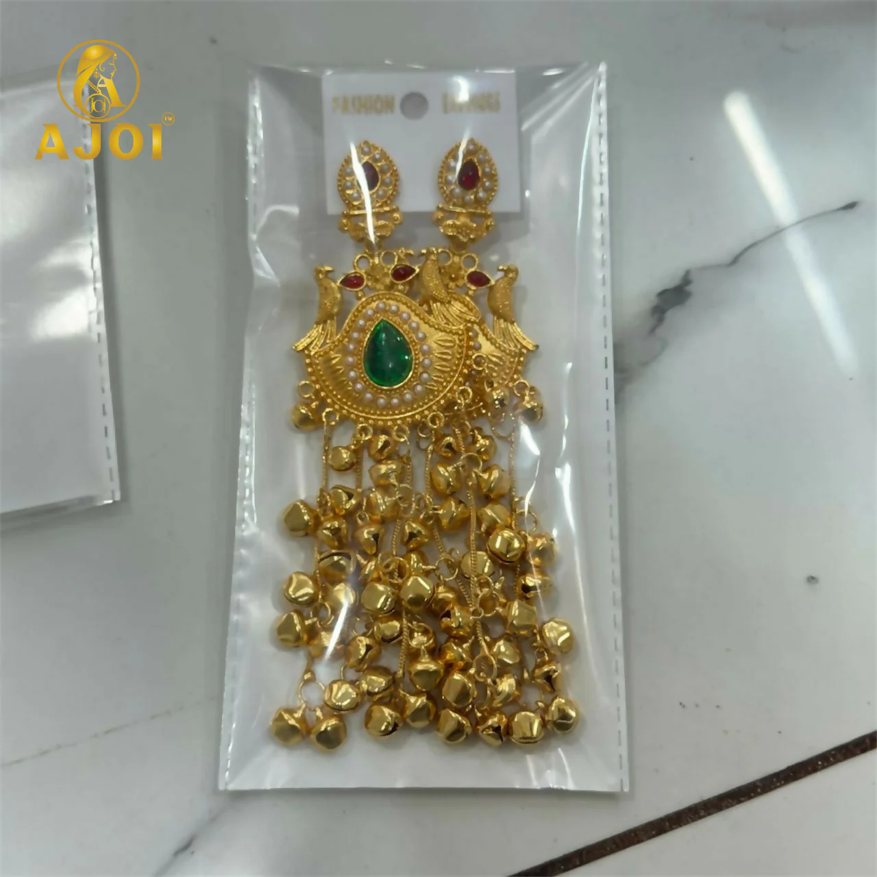 Traditional Kashmiri Gold-Plated Jhumka Earrings with Green Stone & Ghungroo Drops - Image 5