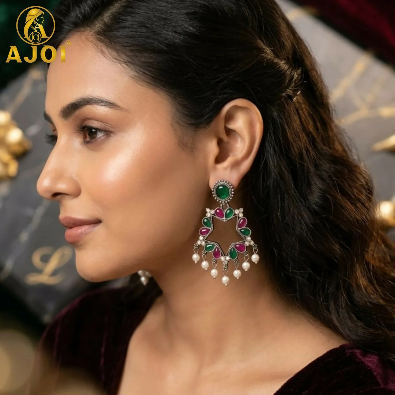 Traditional Kundan & Pearl Drop Earrings Set of 3 - Image 2